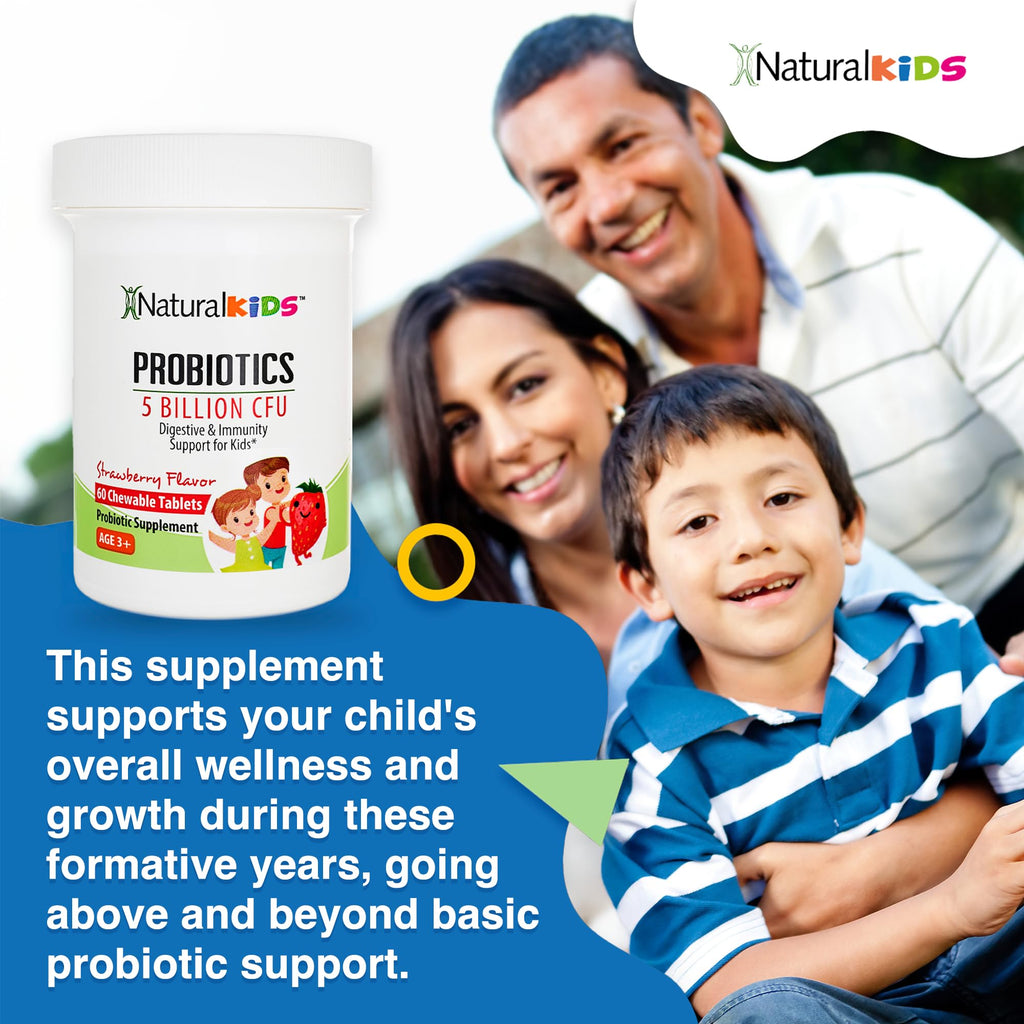 NaturalKids Probiotics for Kids Digestive Health, Immune Support & Kids Gut Health Supplements with 5 Billion CFU for Children Age 3 Up - Strawberry Flavor 60 Chewable Probiotic Tablets