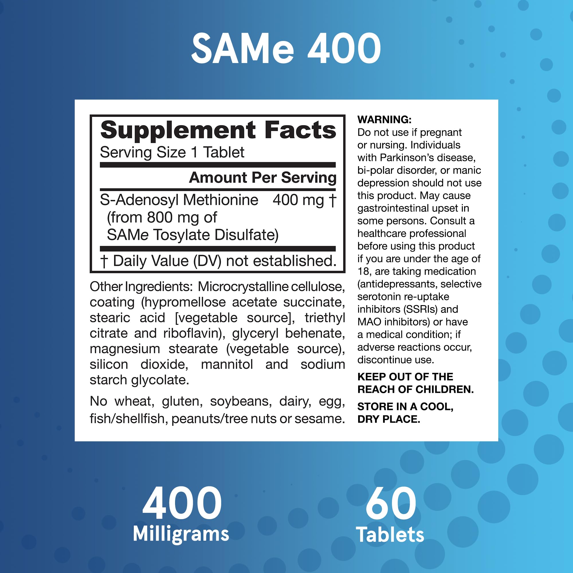 Jarrow Formulas SAMe Supplement 400 mg - 60 Tablets - High Concentration of Active S,S Form - Supports Joint Health, Liver Function, Brain Metabolism, Balanced Mood & Antioxidant Defense - 60 Servings