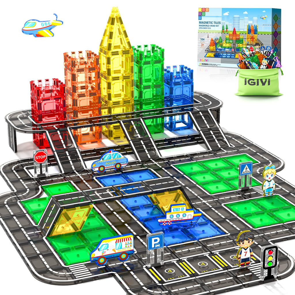 104 PCS Magnetic Tiles Road Set, STEM Magnet Toys Gift for 3+ Year Old Boys