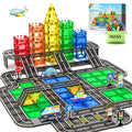 104 PCS Magnetic Tiles Road Set, STEM Magnet Toys Gift for 3+ Year Old Boys