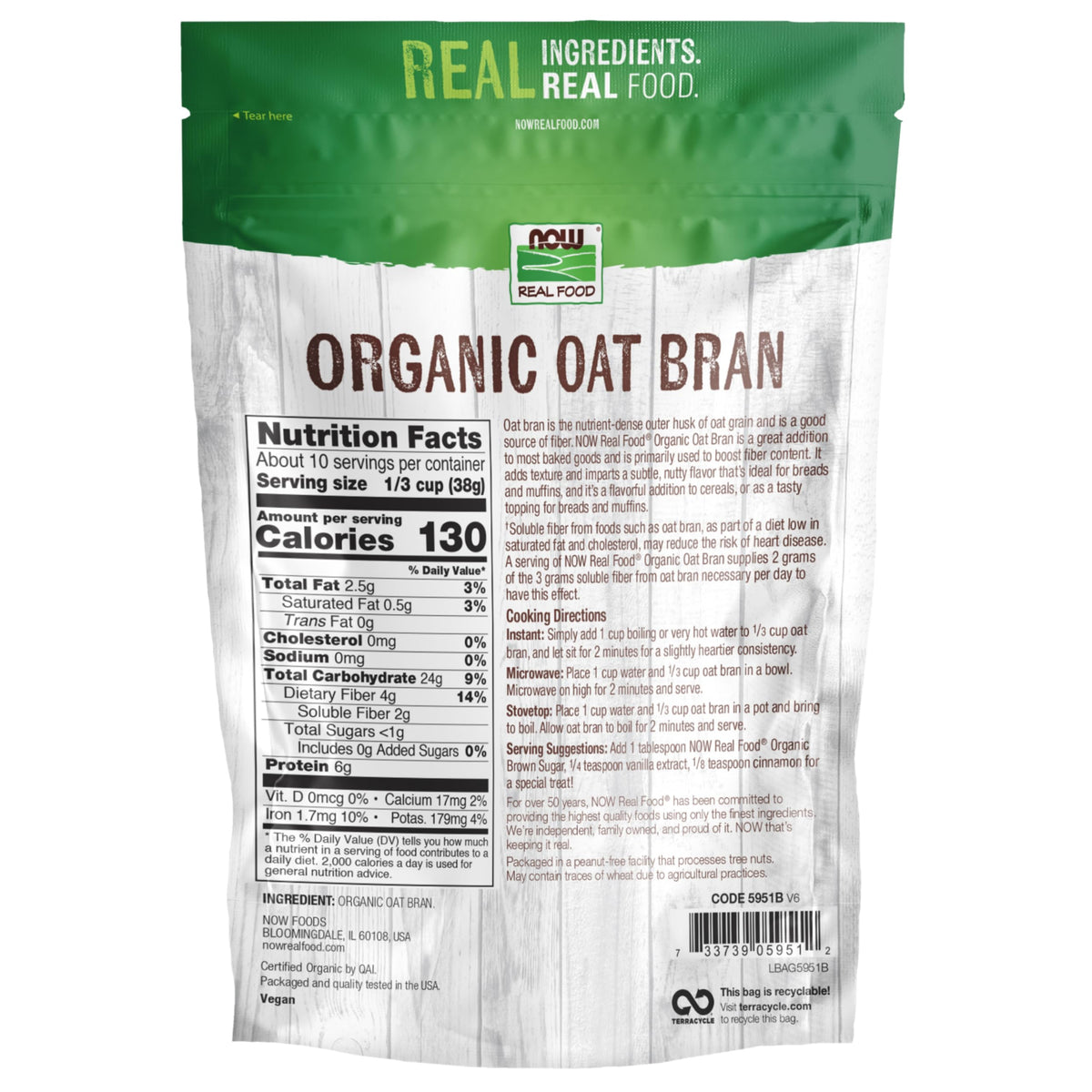 NOW Foods, Organic Oat Bran, Source of Fiber and Protein, USA Grown, Non-GMO Project Verified, 14-Ounce (Packaging May Vary)