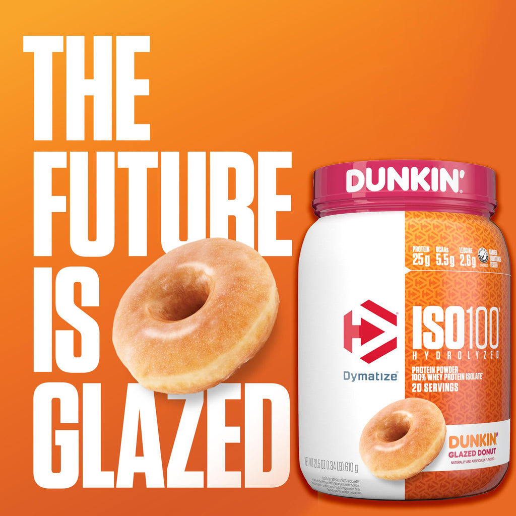 Dymatize x Dunkin' Glazed Donut ISO100 Whey Protein Powder, 25g of Protein, 5.5g BCAAs, 120 Cal., Gluten Free, 1g Fat, 1g Sugar, 2g Carb (20 Servings)