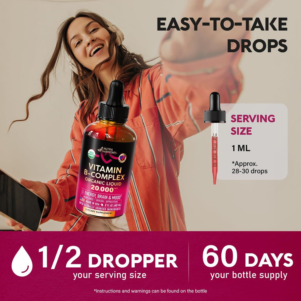USDA Organic Vitamin B-Complex B5 Pantothenic Acid | B12 Methylcobalamin | B1 Thiamine | B6 Pyridoxine | B7 Biotin | B9 Folic | B3 Niacinamide - B Complex Liquid Drops, Natural Berry Flavor, 2fl oz