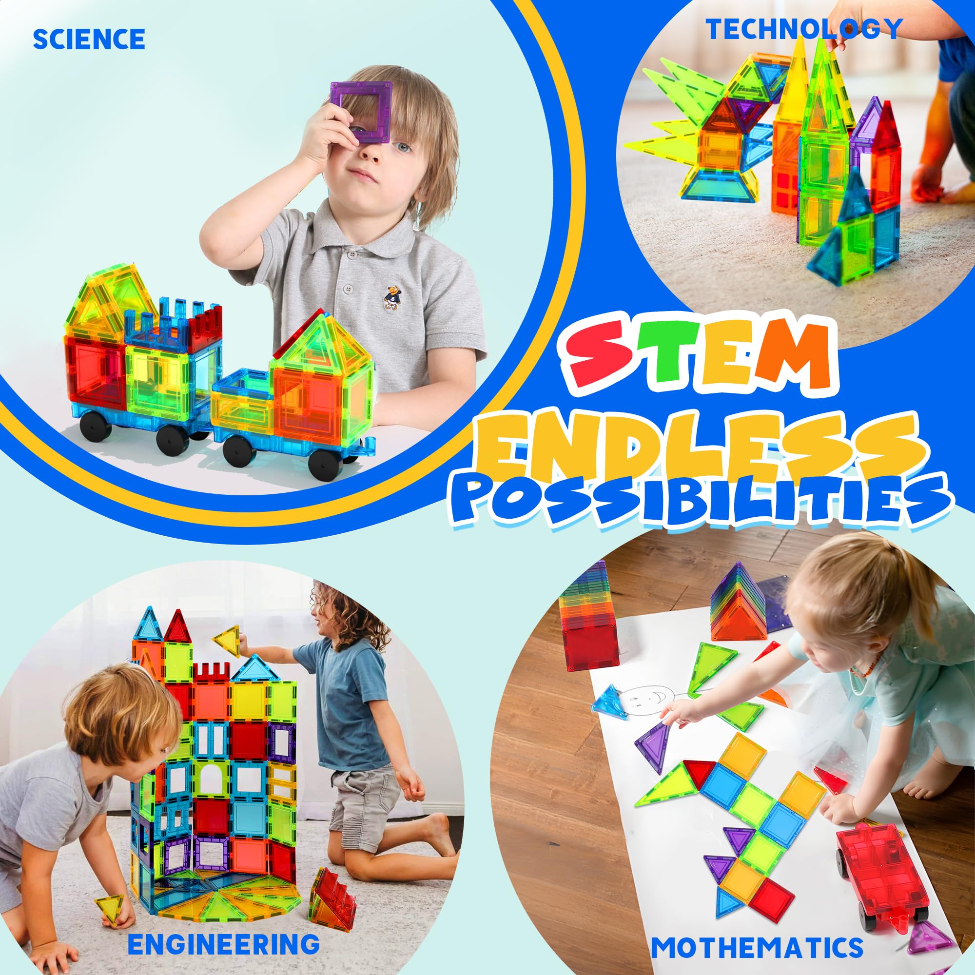 W WISE BLOCK Magnetic Tiles 131 PCS with 2 Cars STEM Toys for Kids Ages 3-8