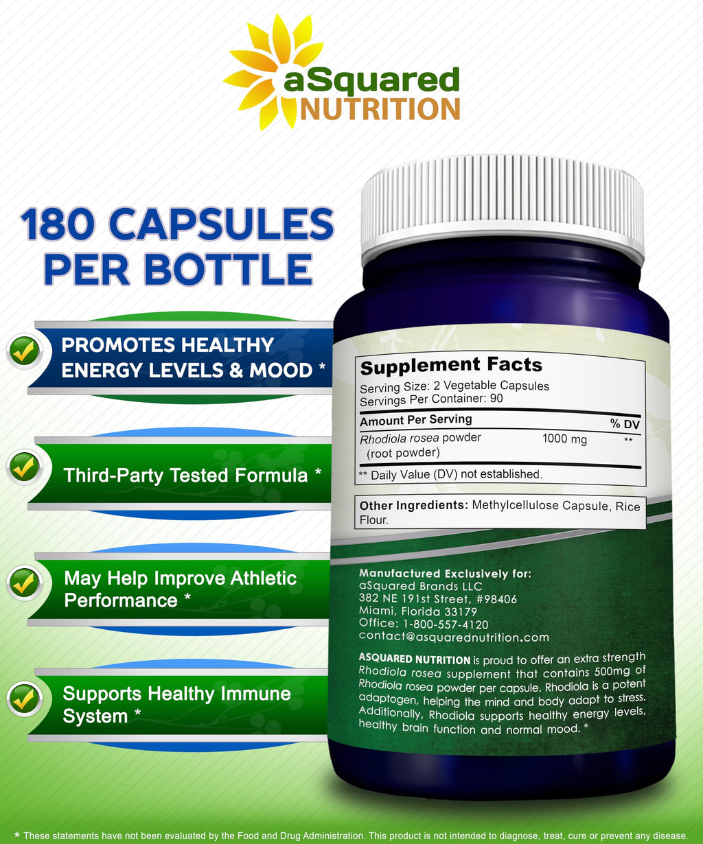 aSquared Nutrition Rhodiola Rosea Supplement 1000mg - 180 Vegan Capsules - Max Strength Rhodiola Root Extract Pills Improve Pure Energy, Brain Function & Stress Relief -Golden Root Herb Powder Tablets