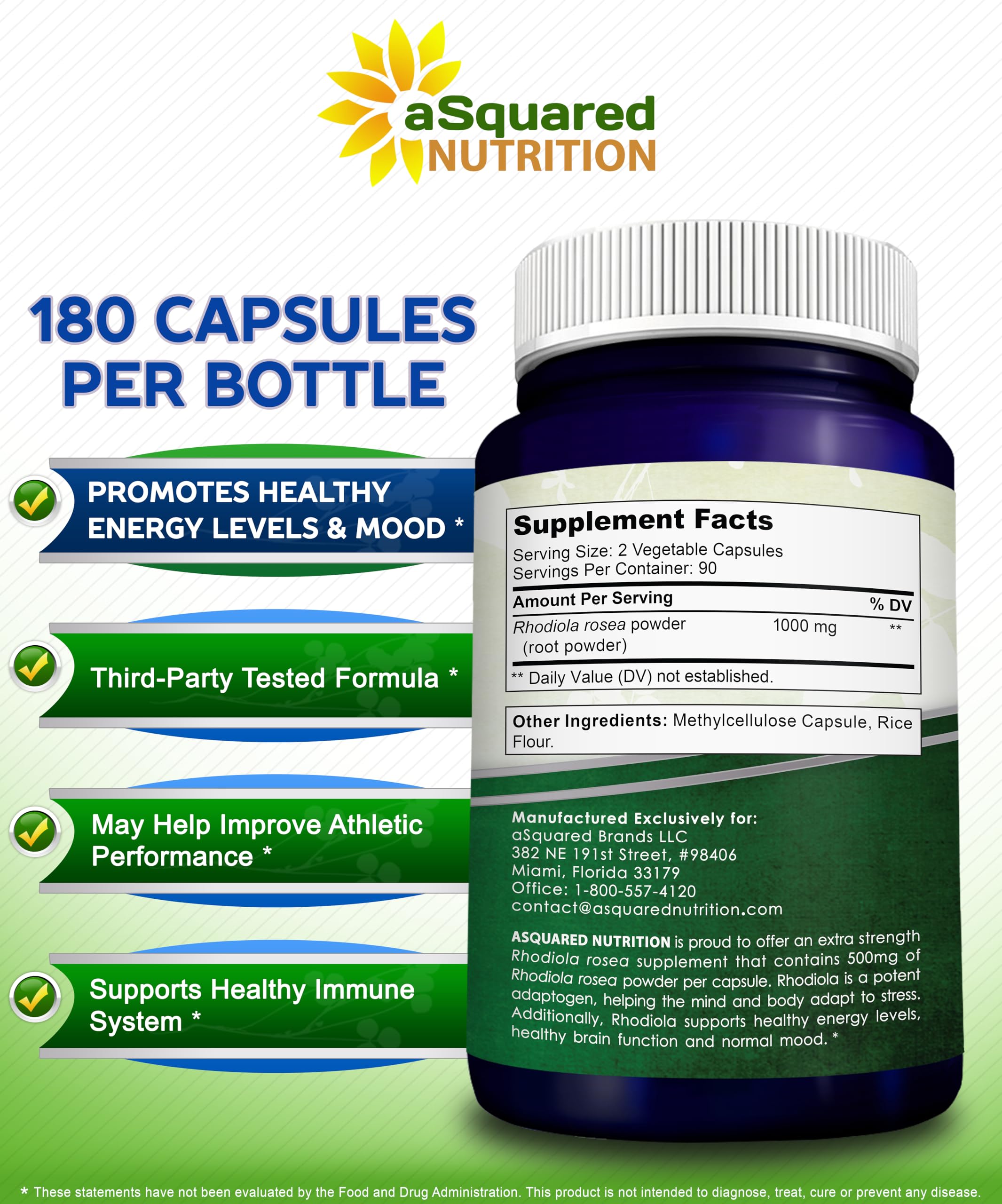 aSquared Nutrition Rhodiola Rosea Supplement 1000mg - 180 Vegan Capsules - Max Strength Rhodiola Root Extract Pills Improve Pure Energy, Brain Function & Stress Relief -Golden Root Herb Powder Tablets