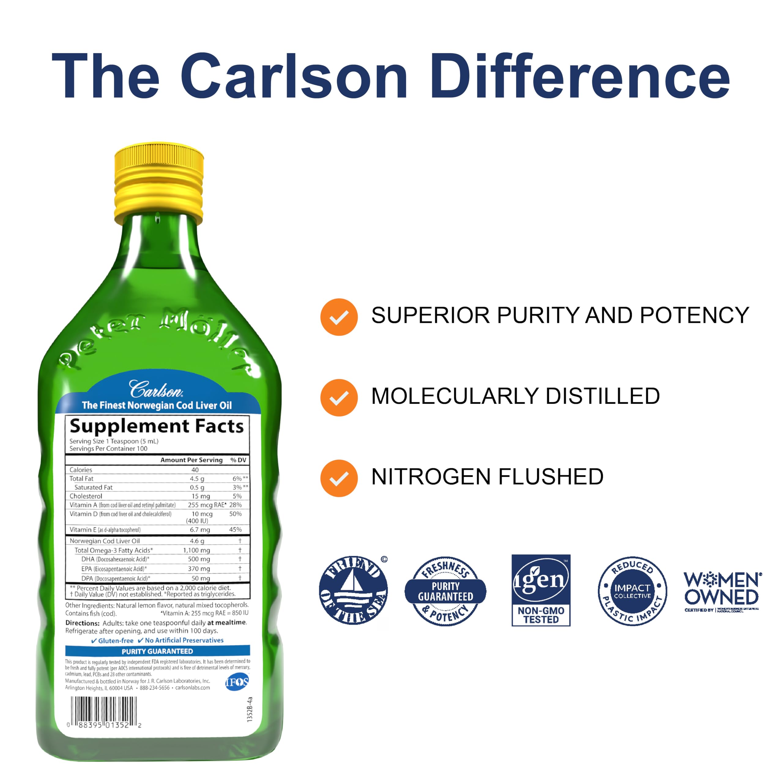 Carlson - Cod Liver Oil 1100 mg Omega-3s Plus Vitamins A & D3, Wild Caught Norwegian Arctic, Sustainably Sourced Nordic Fish Oil Liquid, Lemon, 500 mL (16.9 Fl Oz)