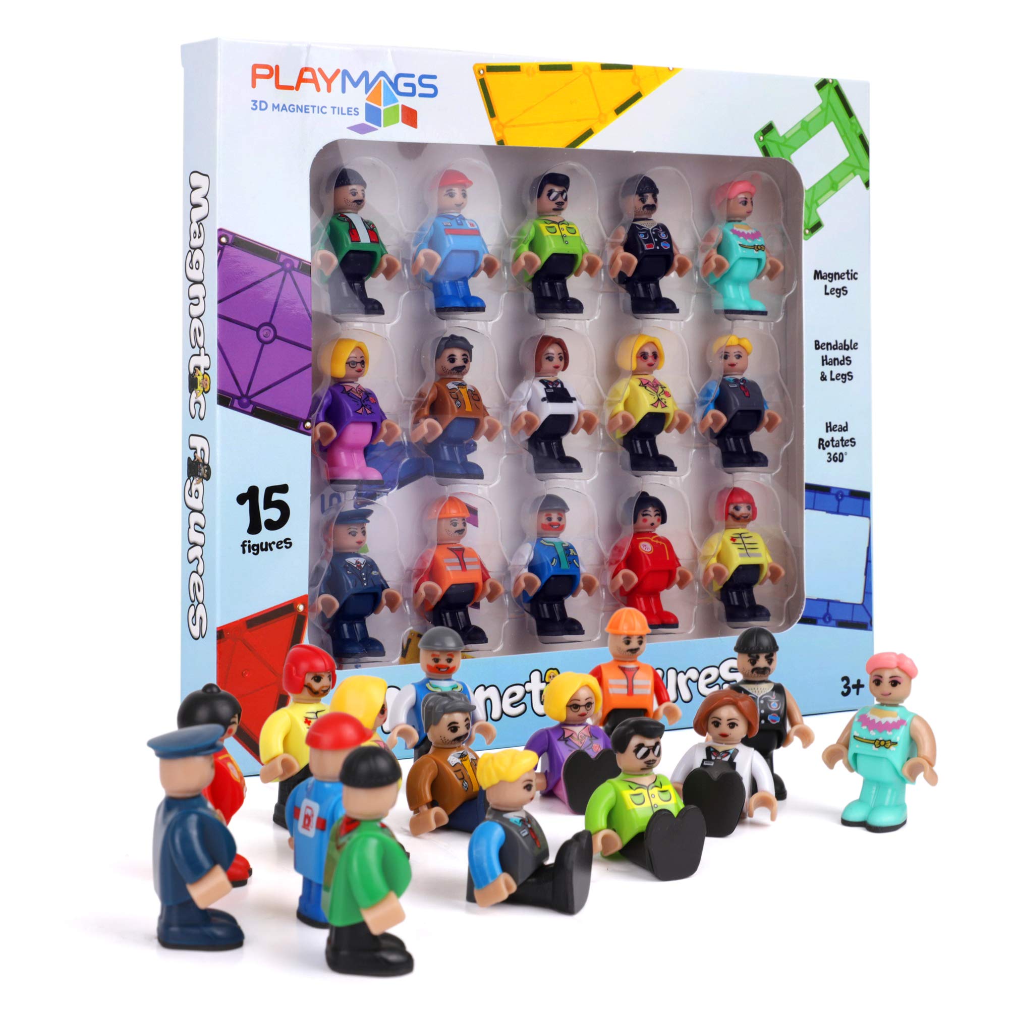 Playmags Magnetic Figures Community Set of 15 Pieces - 2 Inches Play People Perfect for Magnetic Tiles Building Blocks - STEM Learning Toys Children – Magnet Tiles Expansion Accessories Pack