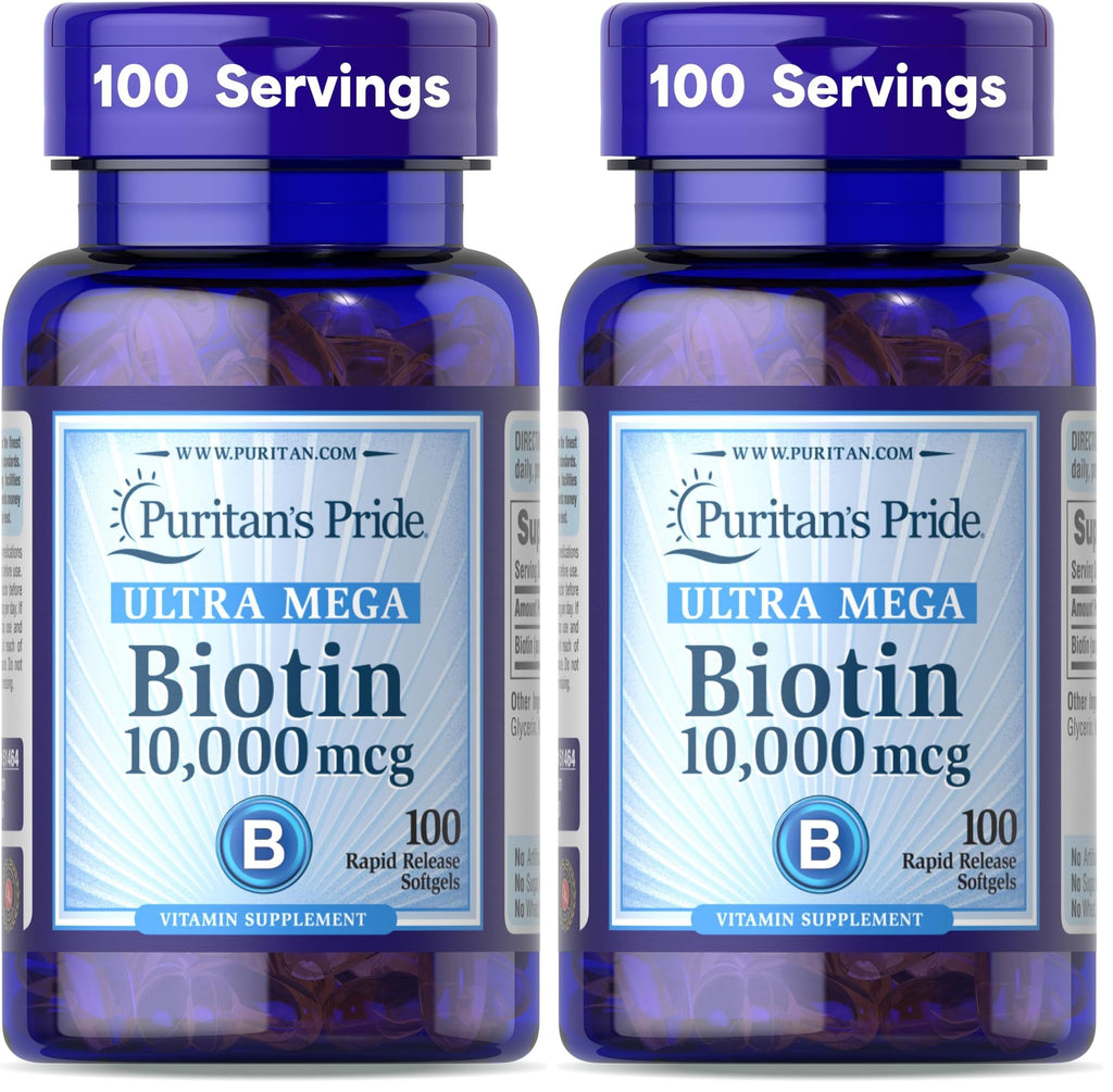 Puritan's Pride Biotin 10000 Mcg, Helps Promote Skin, Hair and Nail Health, Softgels 100 Count (Pack of 2)