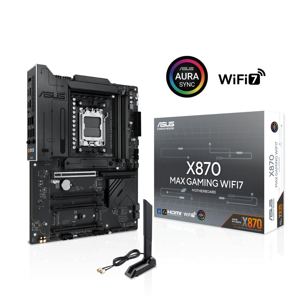 ASUS X870 MAX Gaming WIFI7 AMD AM5 ATX Motherboard, 12+2+1 80A DrMOS, DDR5, PCIe 5.0 x16 Q-Release, 3X M.2, Wi-Fi 7 Q-Antenna, 2.5Gb LAN, USB4® Type-C®, USB-C® 20Gbps, BIOS Flashback™, Aura Sync