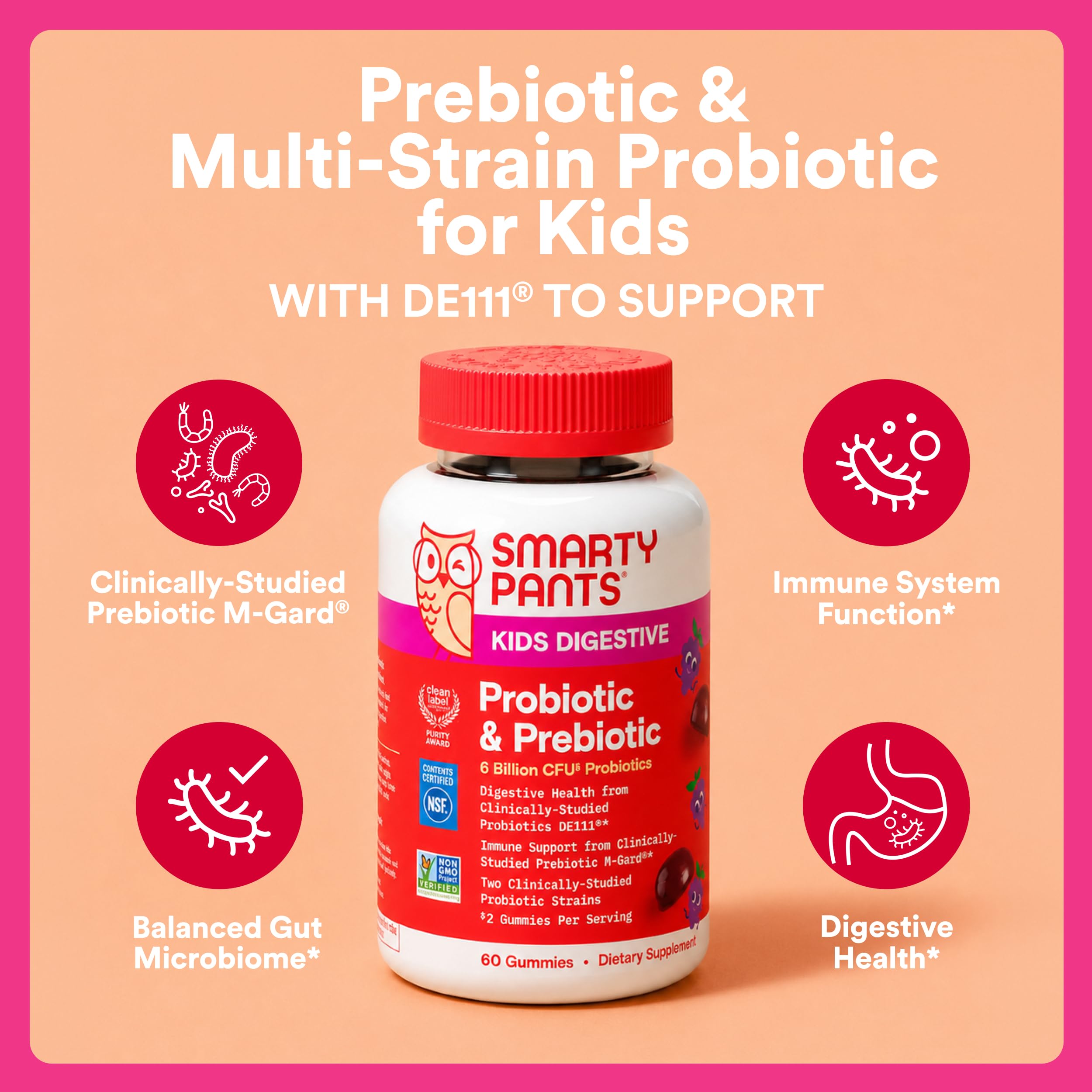 SmartyPants Kids Probiotic & Prebiotic Gummies for Digestive Health: Gut Health Supplement, Clinically Studied Prebiotic for Immune Support, Grape, 60 Count (30 Day Supply)