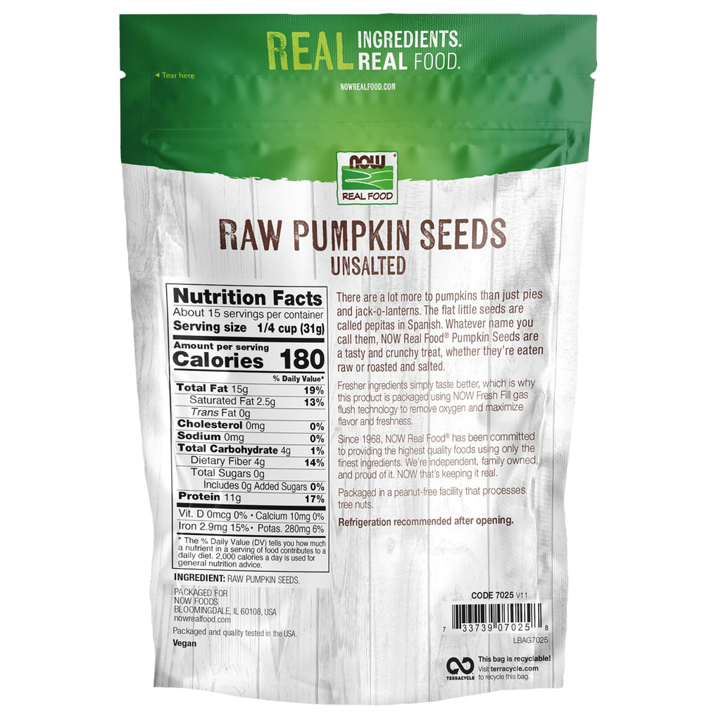 NOW Foods, Pumpkin Seeds, Raw and Unsalted, Essential Fatty Acids, Rich in Iron, Excellent Source of Protein, Certified Non-GMO, 1-Pound (Packaging May Vary)