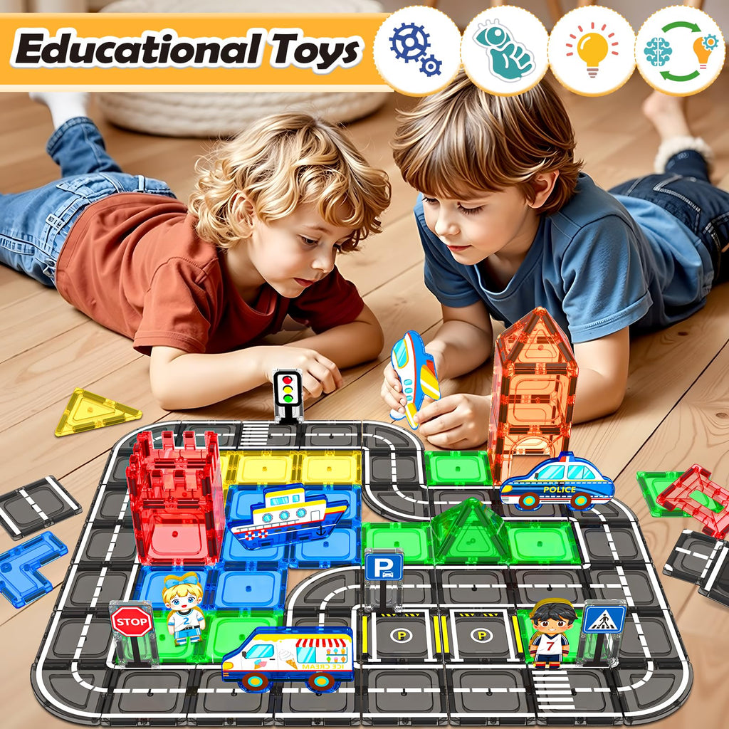104 PCS Magnetic Tiles Road Set, STEM Magnet Toys Gift for 3+ Year Old Boys