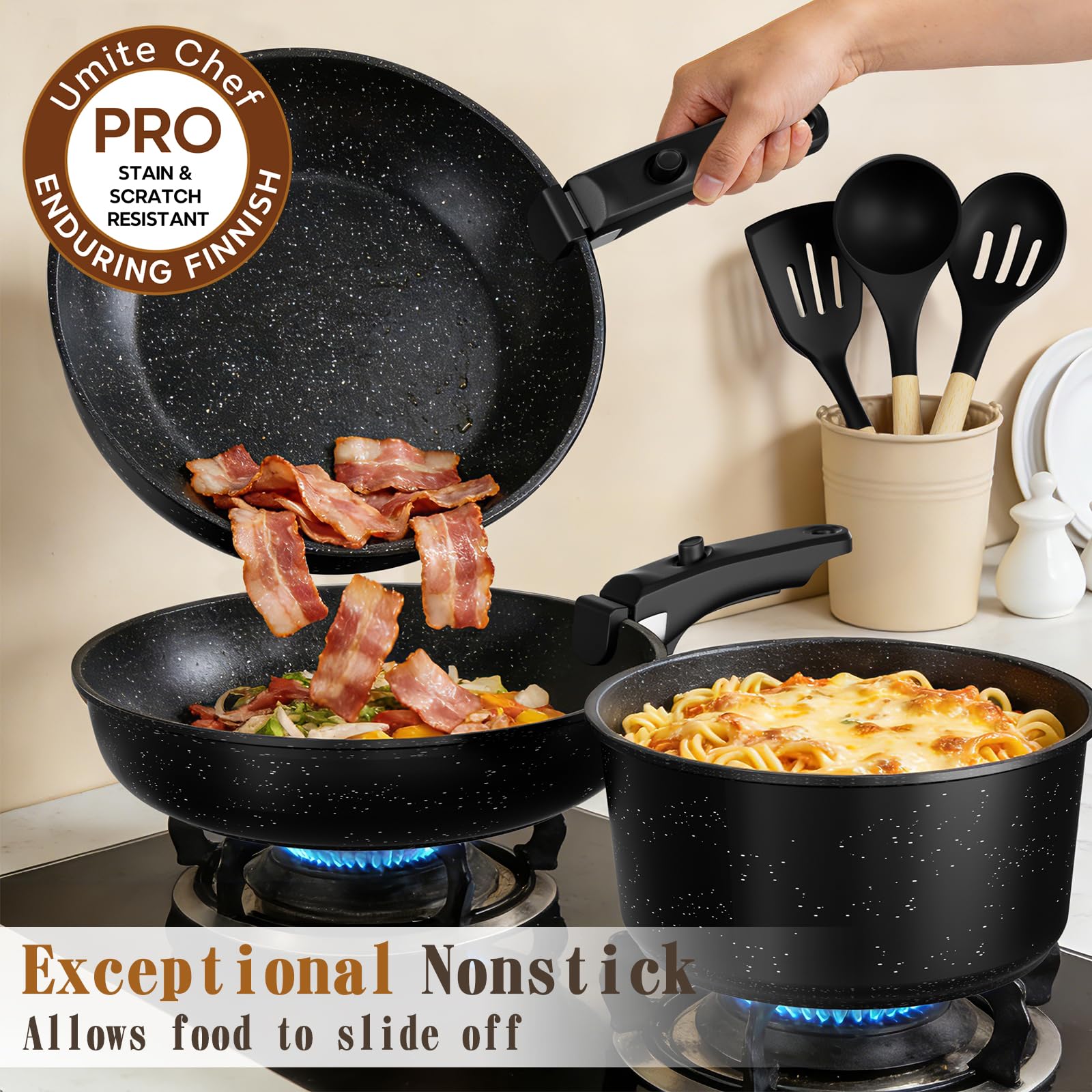 Umite Chef 21Pcs Pots and Pans Set Non Stick, Nonstick Ceramic Cookware Sets Detachable Handle, Non Toxic Healthy Induction Cookware, Kitchen Cooking Set, with Frying Pans Set, Dishwasher/Oven Safe