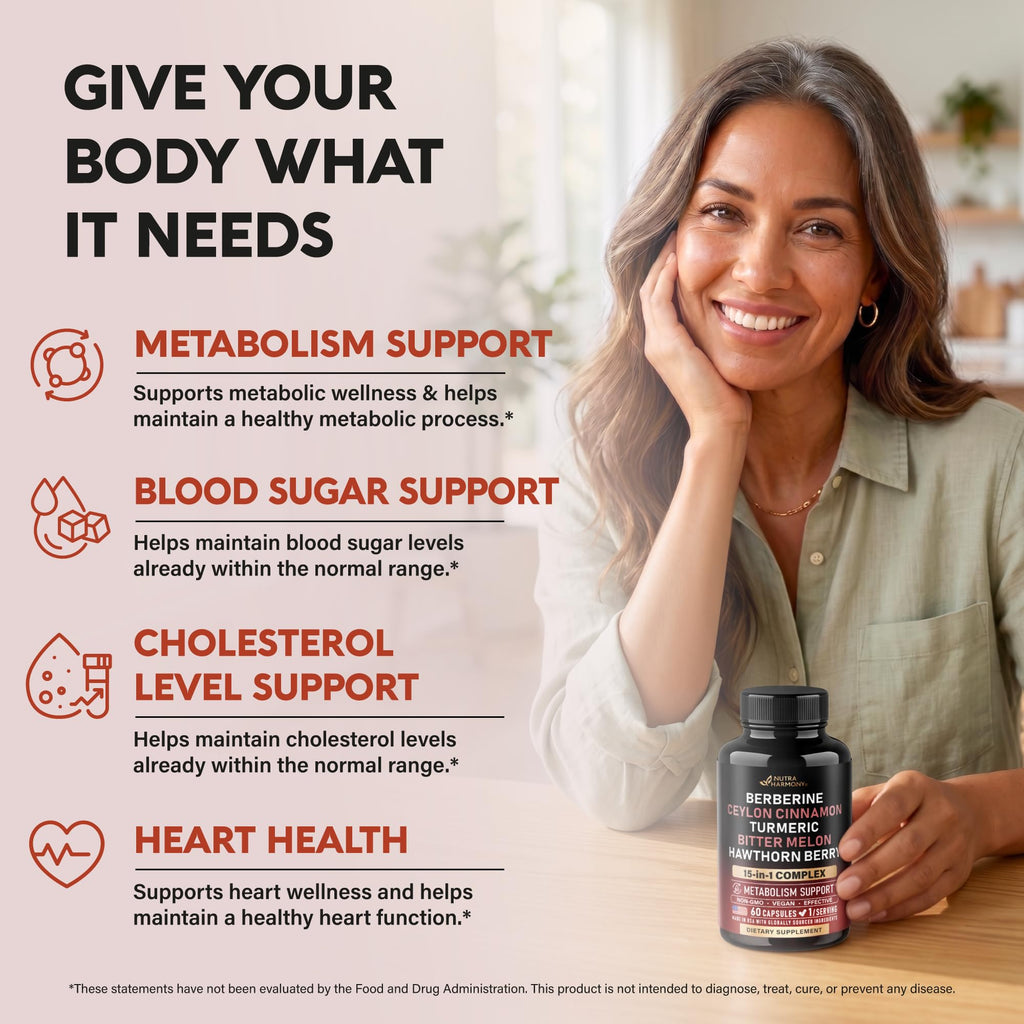 Berberine with Ceylon Cinnamon | Bitter Melon (Karela) | Apple Cider Vinegar | Hawthorn Berry | Citrus Bergamot | Turmeric - 15-in-1 Supplement for Heart Metabolism & Energy Support - 60 Capsules