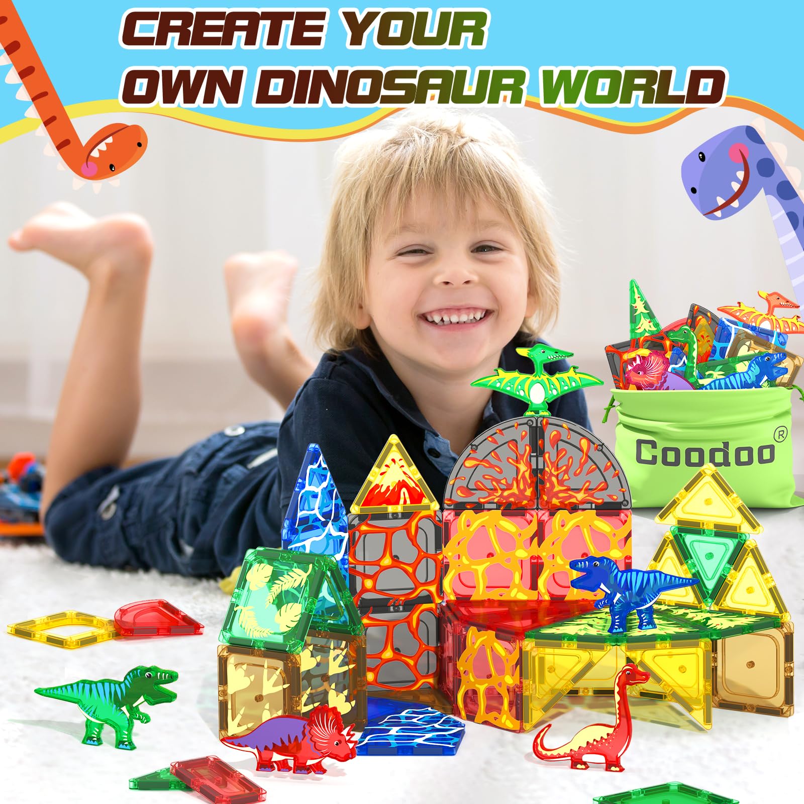 102PCS Dinosaur Toys Magnetic Tiles with 8 Dinosaurs - Jurassic Scenes Toys