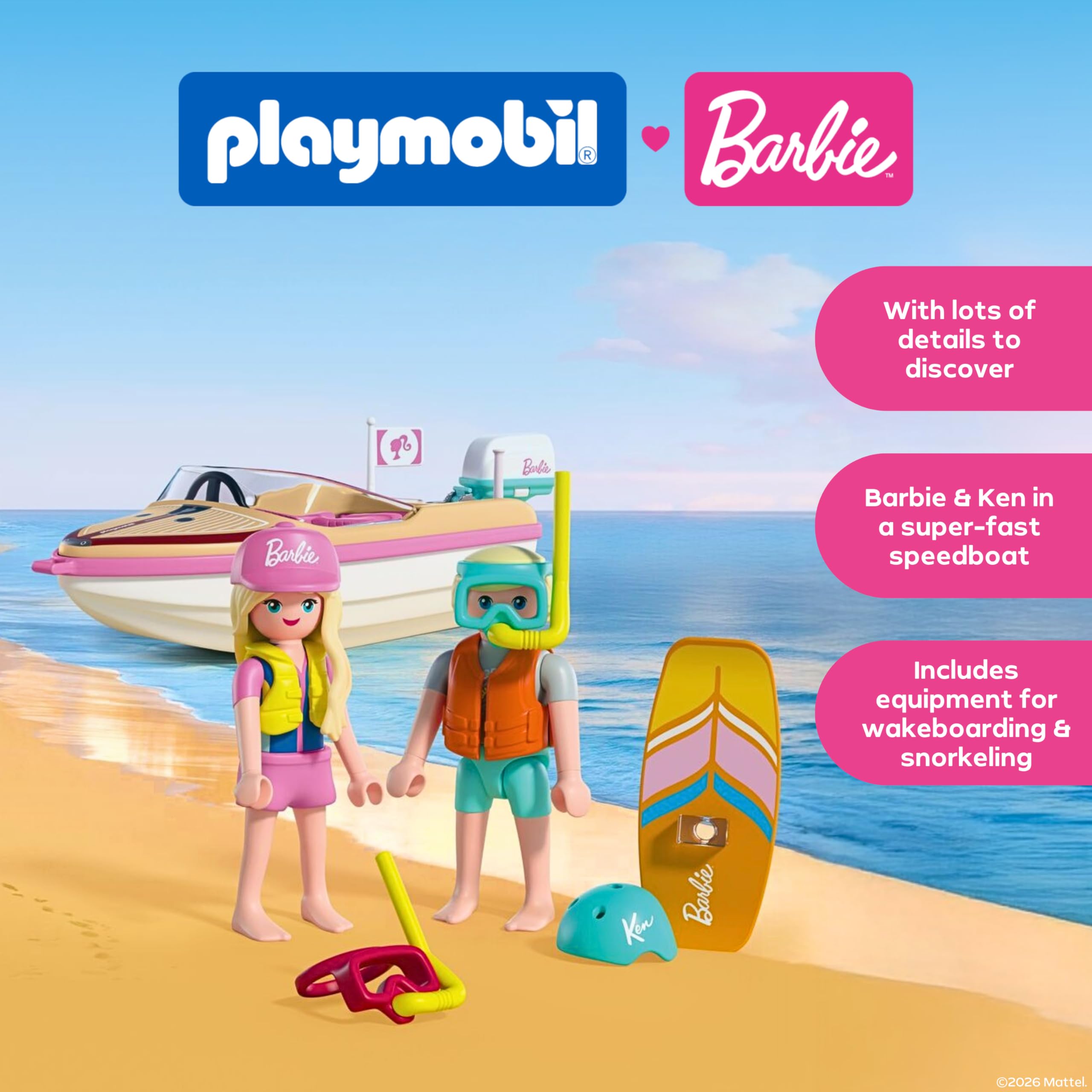 Playmobil | Barbie x Barbie Adventure Boat | Speedboat with Barbie & Ken | Malibu Summer Vibes & Water Adventure | Creative Playset for Children Aged 4+ | 72122