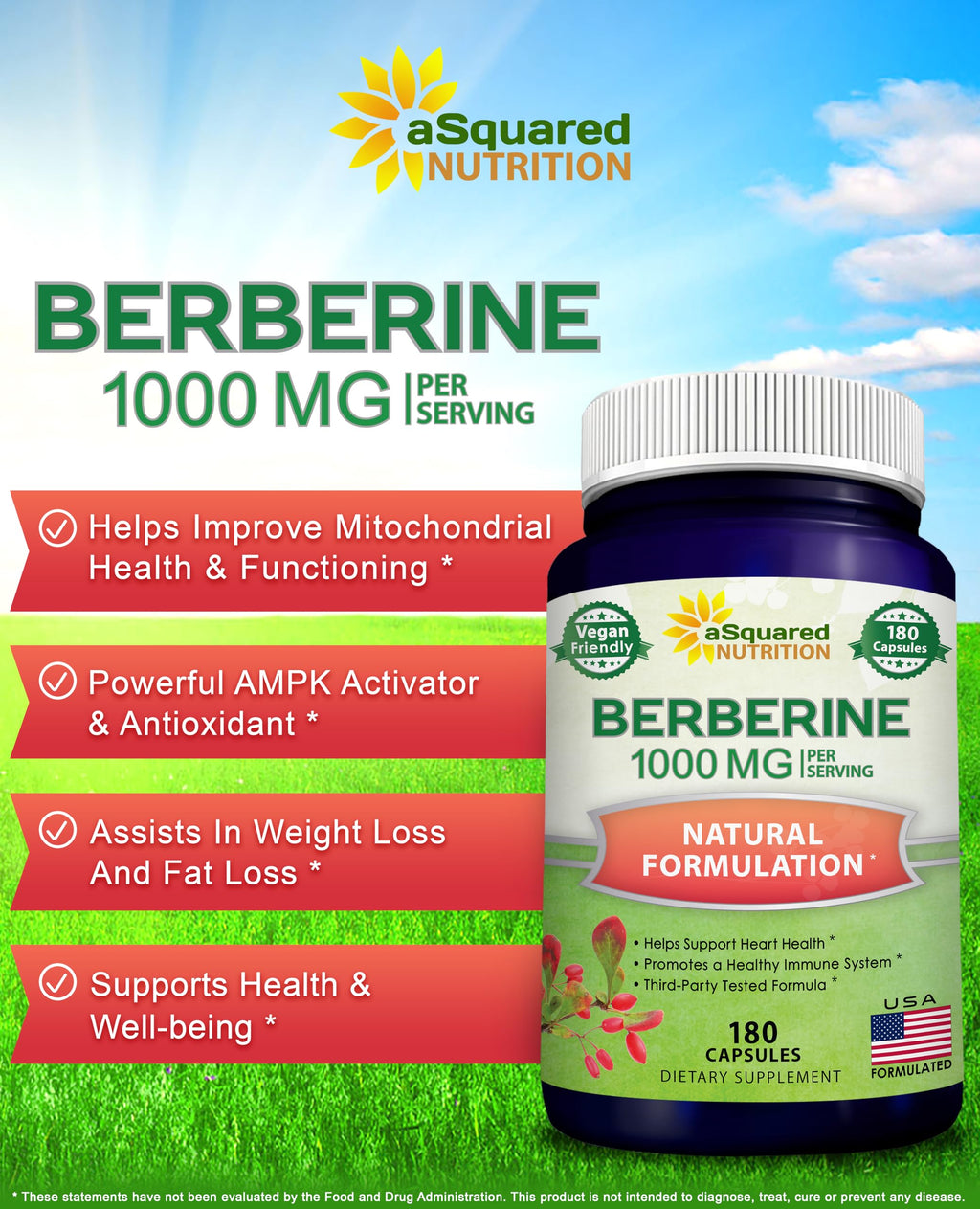 aSquared Nutrition Pure Berberine 1000mg Supplement - 180 Veggie Capsules, Natural Berberine Hydrochloride HCL Plus, Max Strength 1000 mg (2X 500mg), Potent Berberine Vegan Extract