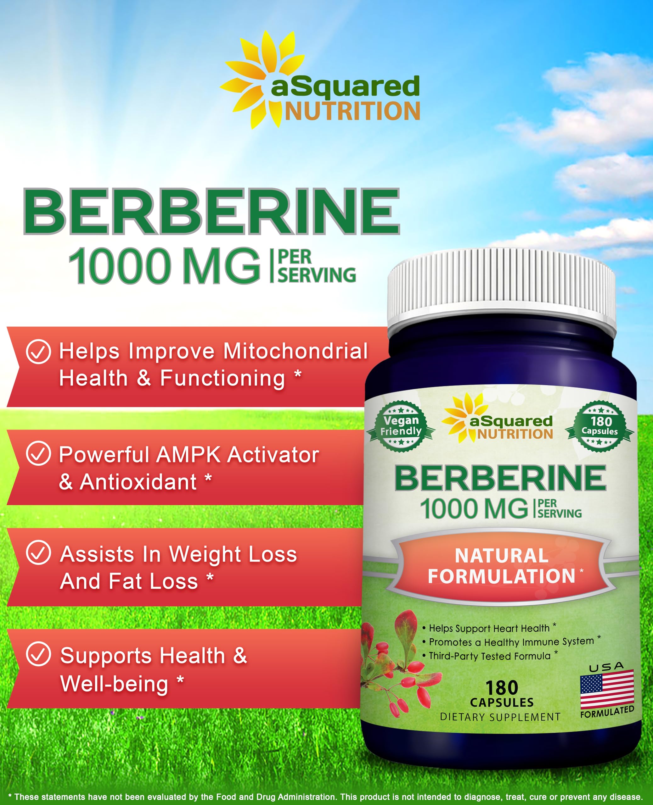 aSquared Nutrition Pure Berberine 1000mg Supplement - 180 Veggie Capsules, Natural Berberine Hydrochloride HCL Plus, Max Strength 1000 mg (2X 500mg), Potent Berberine Vegan Extract