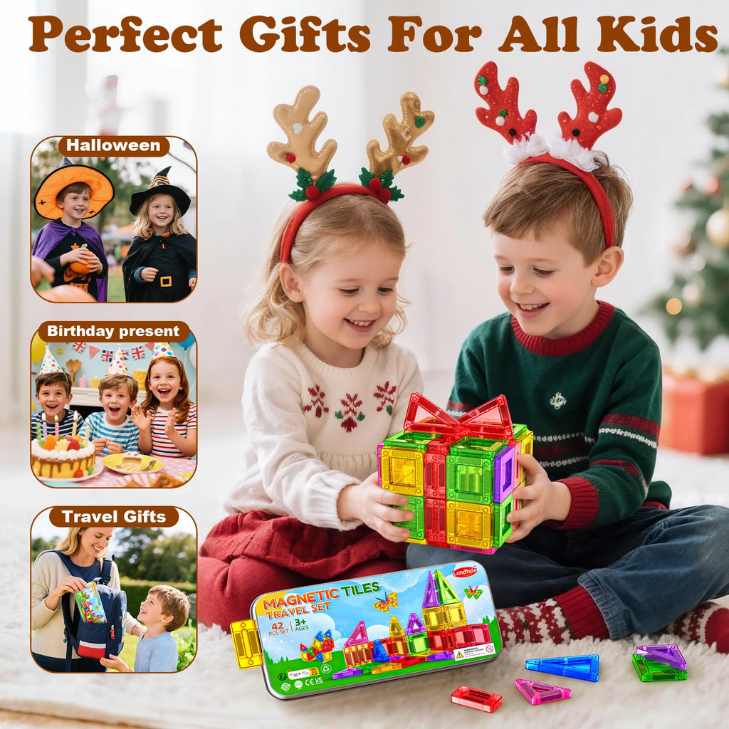 Landtaix Mini Magnetic Tiles Travel Set Magnetic Tiles with Iron Box 42PCS