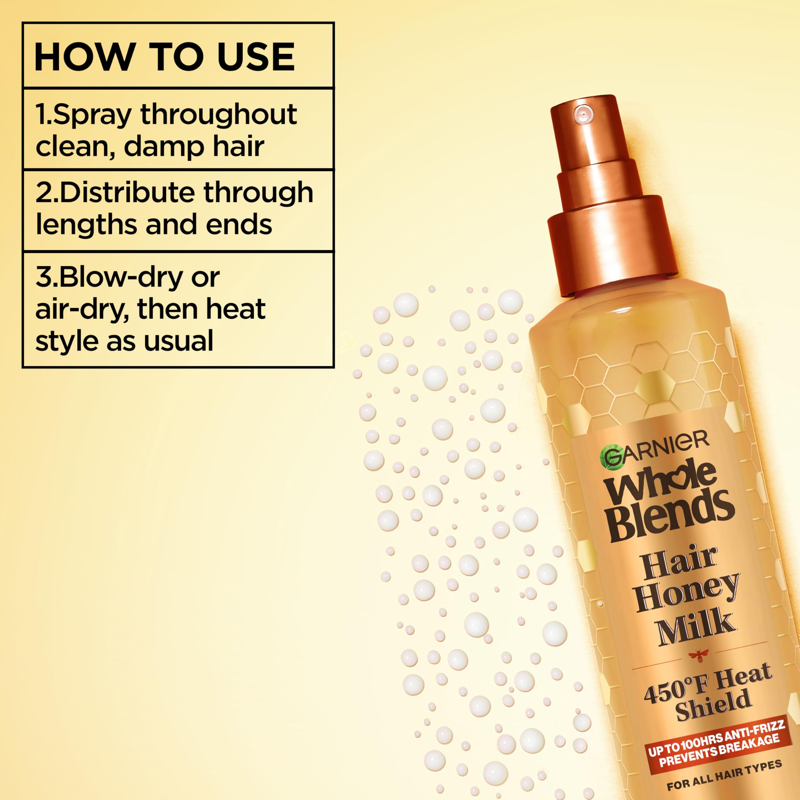 Garnier Whole Blends Hair Honey Milk 450F Heat Protectant Spray, For All Hair Types With Up To 100 Hrs of Frizz Control, 8.5 Fl Oz, 2 Count