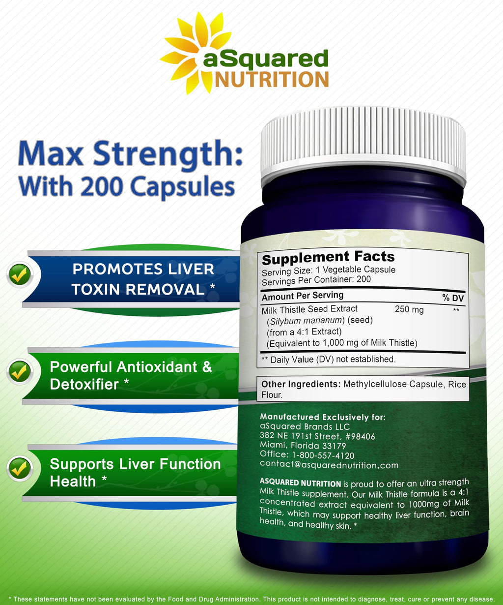 aSquared Nutrition Milk Thistle Supplement - 200 Capsules, 4X Concentrated Extract 4:1 Milk Thistle Seed Powder Herb Pills, Silymarin Extract for Liver Support, Cleanse, Detox - 250mg Per Capsule