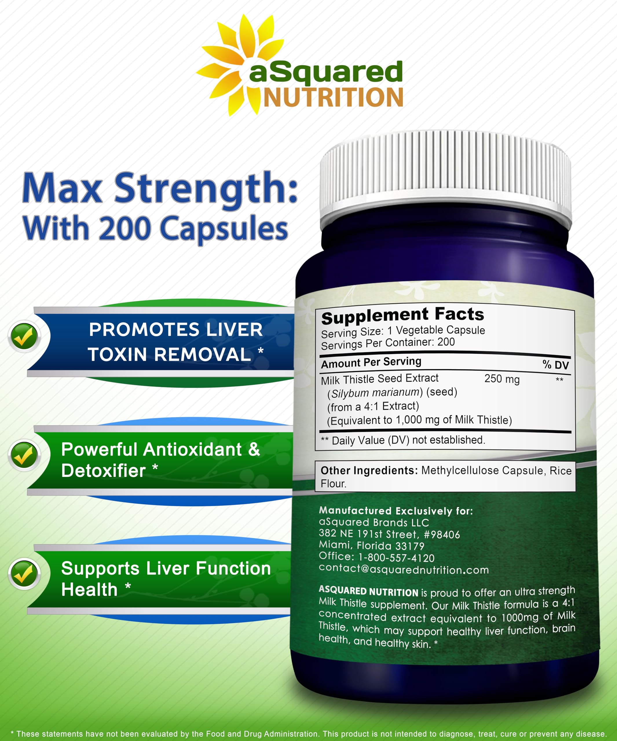 aSquared Nutrition Milk Thistle Supplement - 200 Capsules, 4X Concentrated Extract 4:1 Milk Thistle Seed Powder Herb Pills, Silymarin Extract for Liver Support, Cleanse, Detox - 250mg Per Capsule