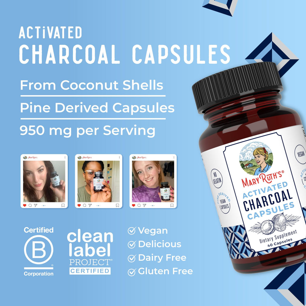 MARYRUTH'S Activated Charcoal Capsules, 950 mg, Non-GMO, Vegan, 40 Count