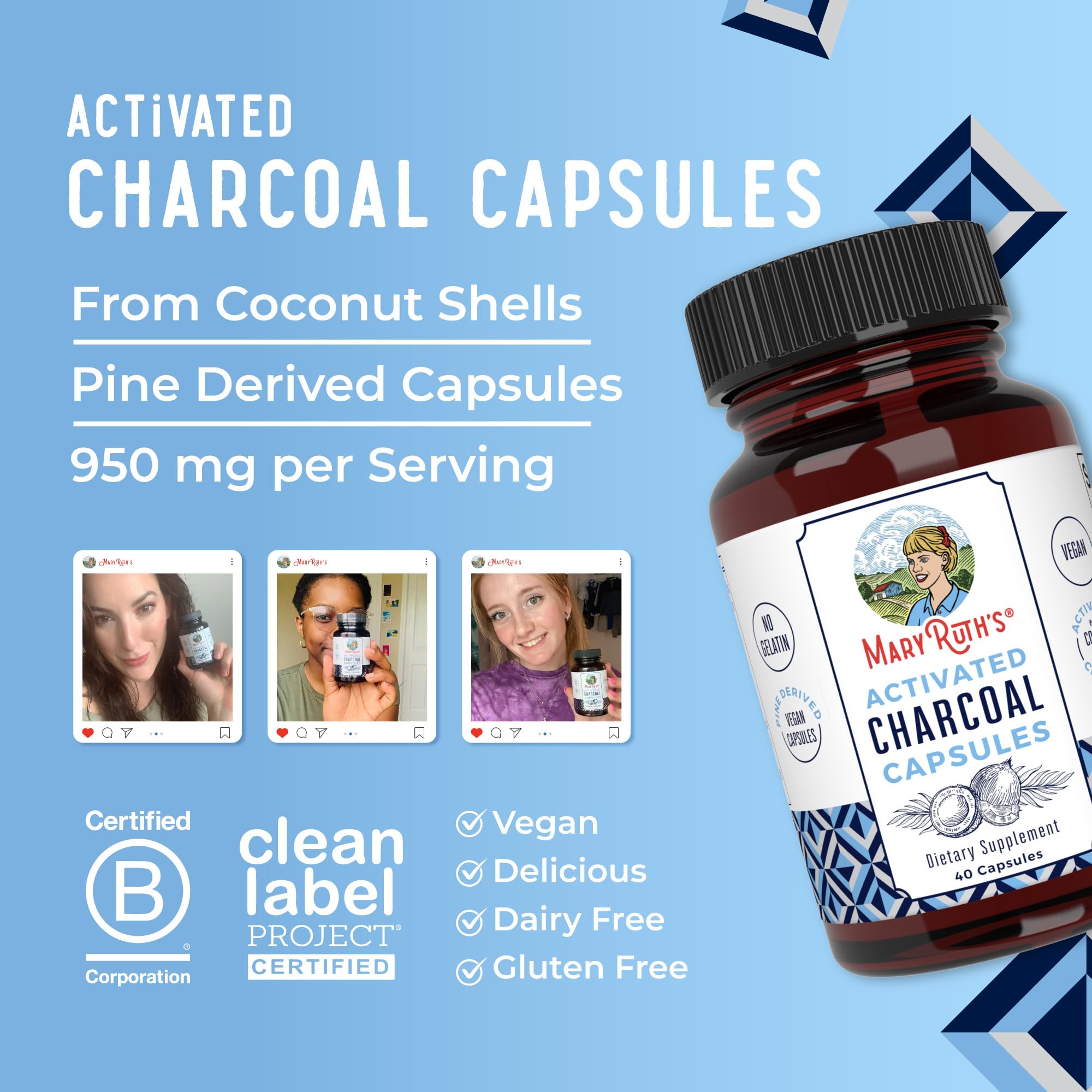 MARYRUTH'S Activated Charcoal Capsules, 950 mg, Non-GMO, Vegan, 40 Count