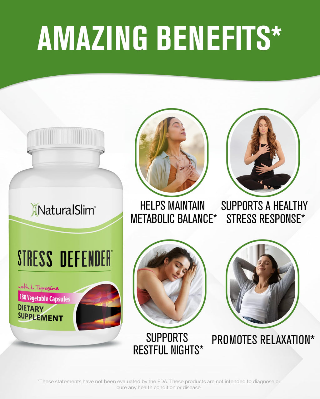 NaturalSlim Stress Defender | Cortisol Reducer & Stress Relief | Cravings, Sleep & Metabolism Support | Vitamin B5 & L-Tyrosine | 180 Vegetable Capsules