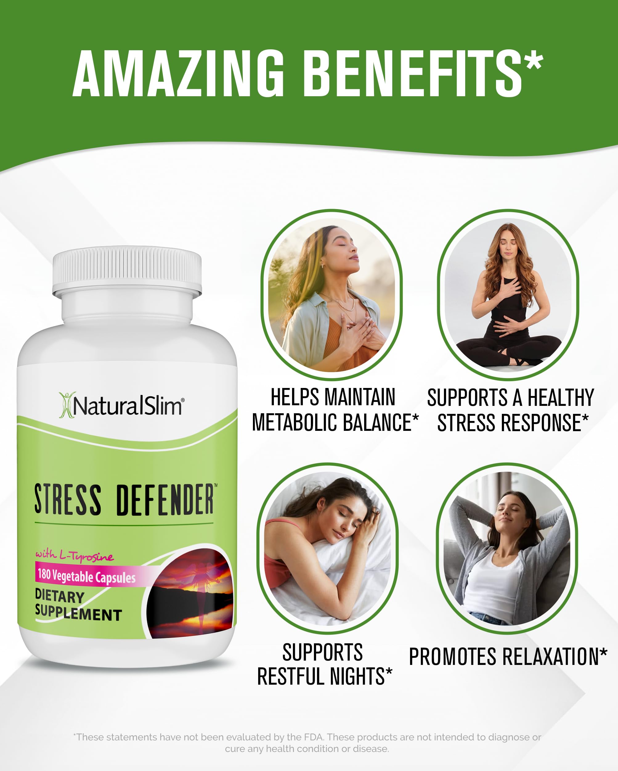 NaturalSlim Stress Defender | Cortisol Reducer & Stress Relief | Cravings, Sleep & Metabolism Support | Vitamin B5 & L-Tyrosine | 180 Vegetable Capsules