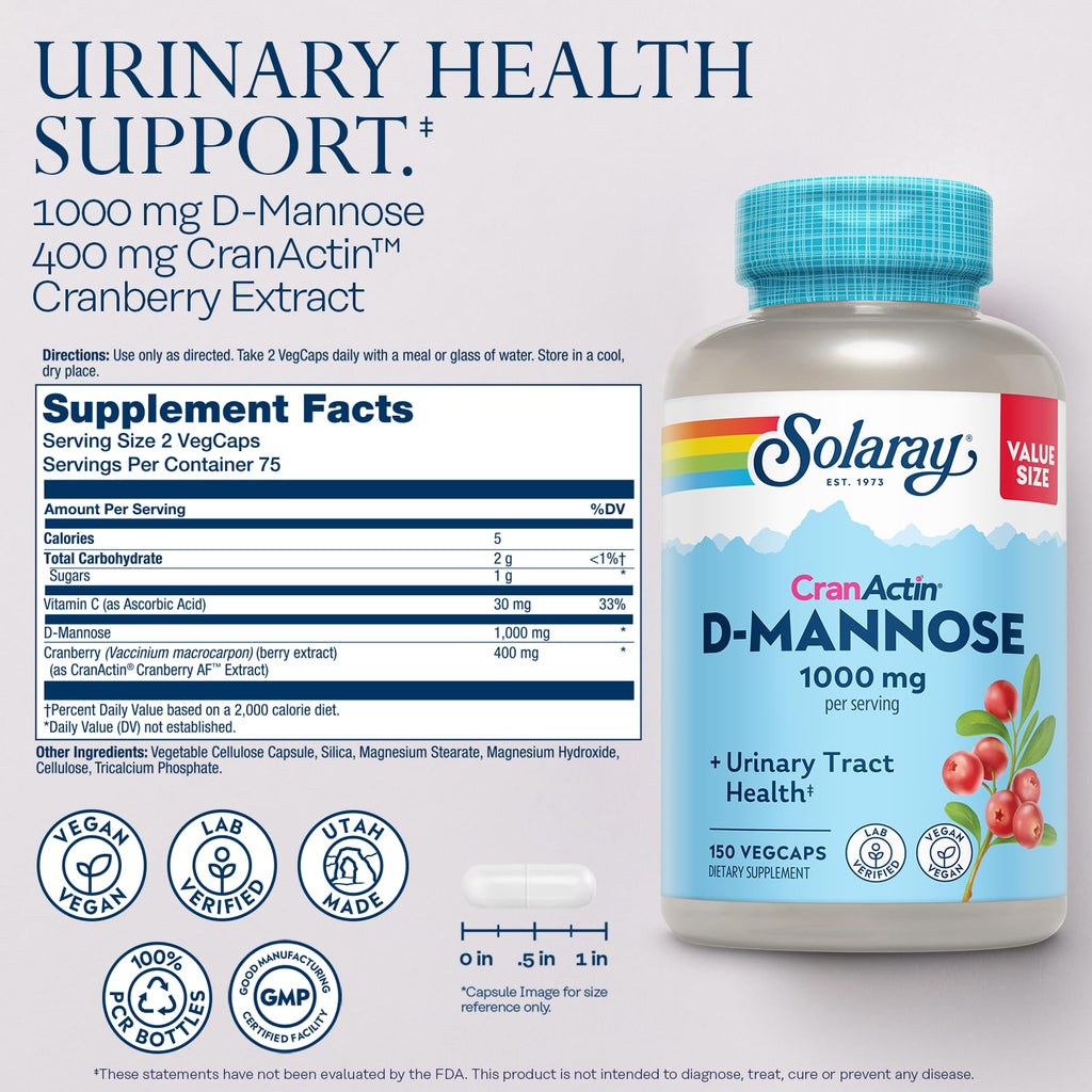 SOLARAY D-Mannose with CranActin Cranberry 400 mg, 150 VegCaps