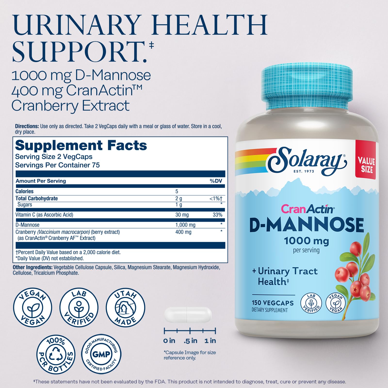 SOLARAY D-Mannose with CranActin Cranberry 400 mg, 150 VegCaps