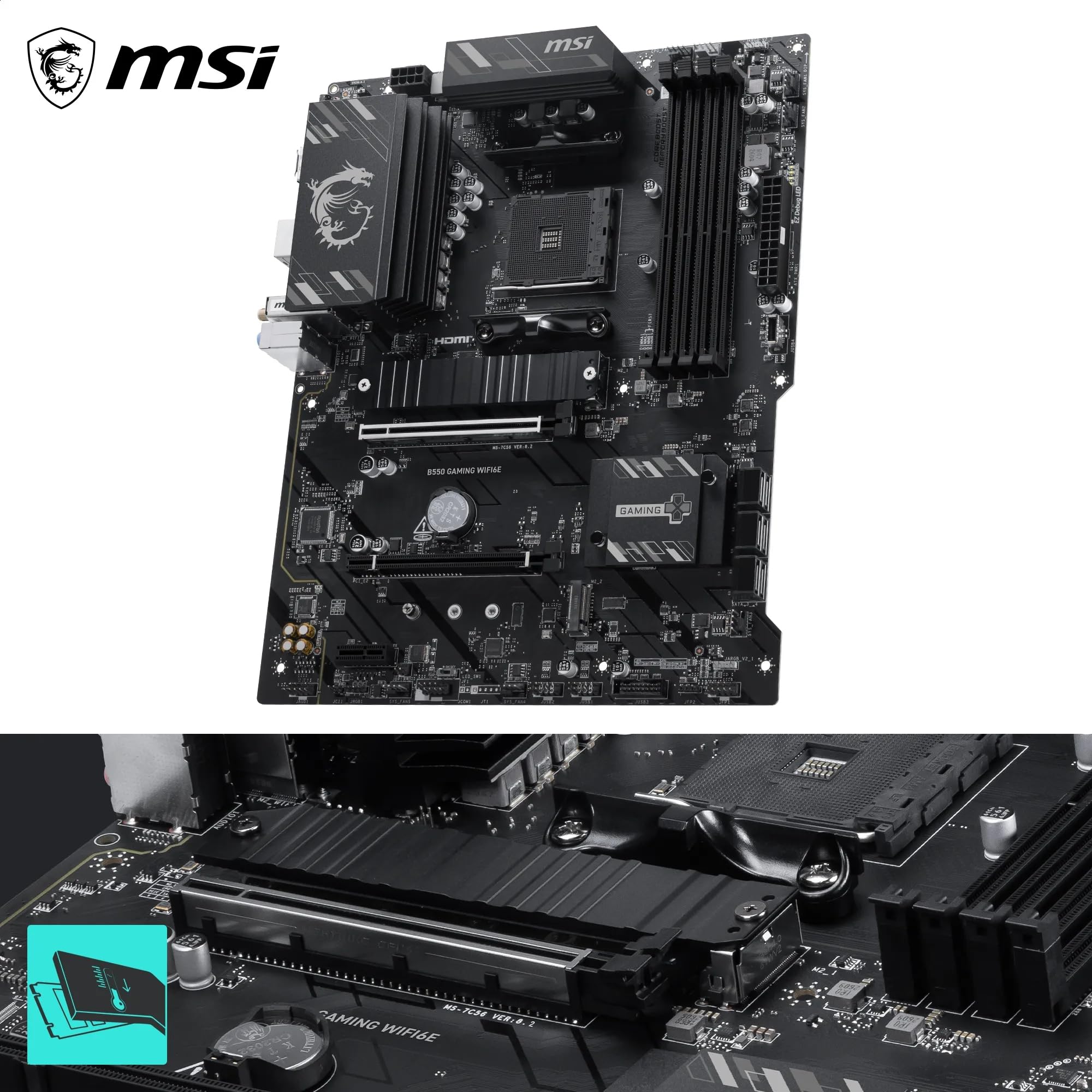 MSI B550 Gaming WIFI6E Motherboard, ATX - Supports AMD Ryzen 5000 Series, 5000 G-Series, 4000 G-Series and 3000 Series Processors, AM4 - DDR4 Memory Boost 4800+MHz/OC, PCIe 4.0 x16, M.2 Gen4, 1G LAN