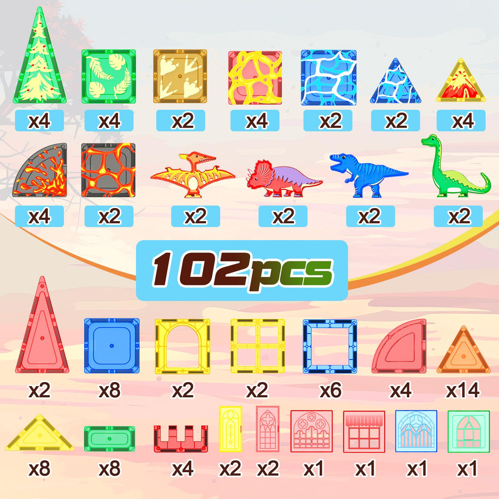 102PCS Dinosaur Toys Magnetic Tiles with 8 Dinosaurs - Jurassic Scenes Toys