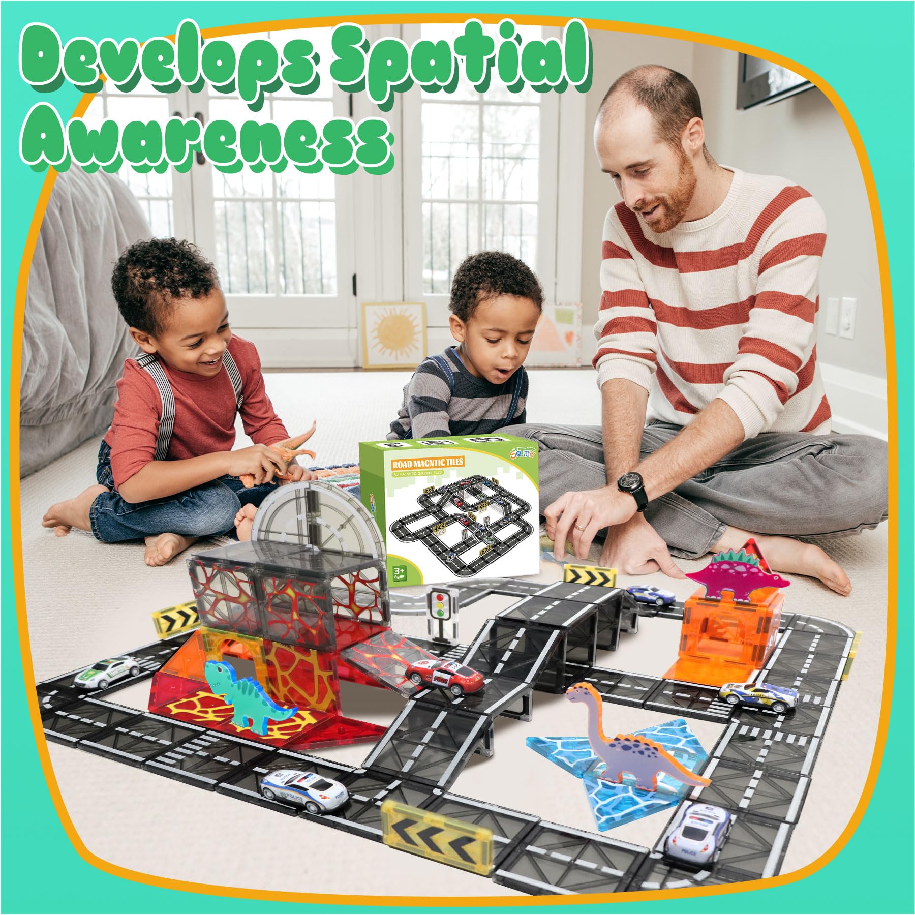 Magnetic Tiles Road Set with Pullback Car for Kids Ages 4-8 Boys Stem Toys