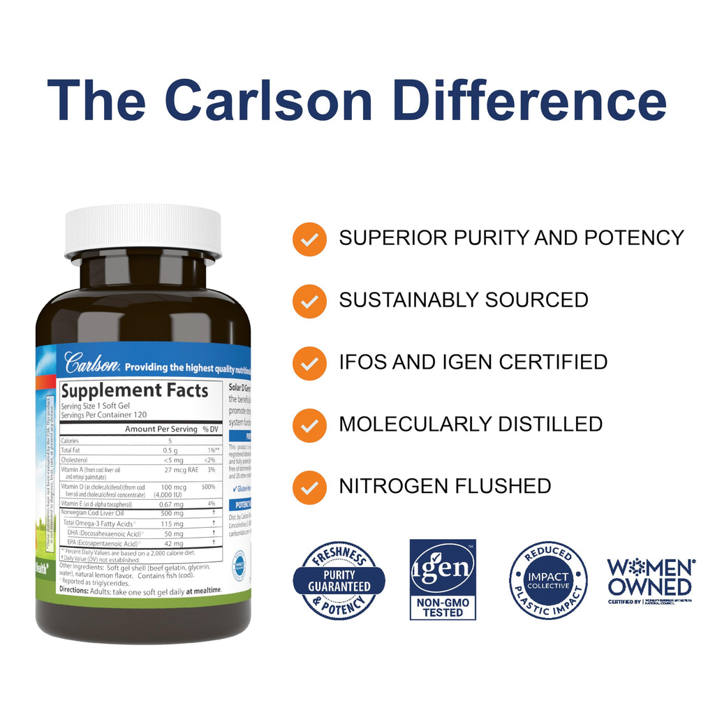 Carlson Solar D Gems, 4000 IU (100 mcg) Vitamin D3, Lemon, 120 Softgels