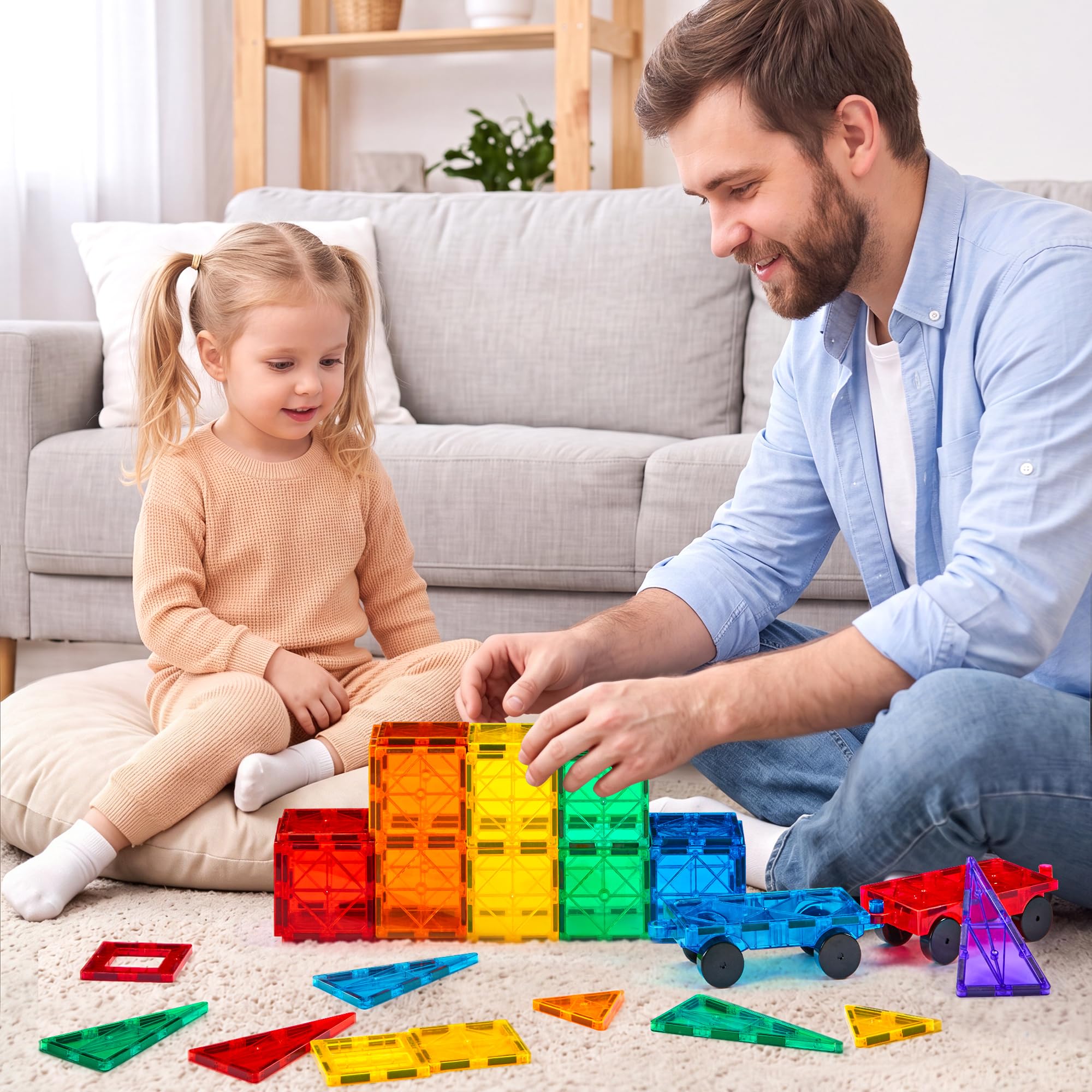 Gemmicc 100 PCS Magnetic Tiles with 2 Cars, STEM Approved Educational Magnet BuildingToys, Magnet Puzzles Stacking Blocks for Boys Girls