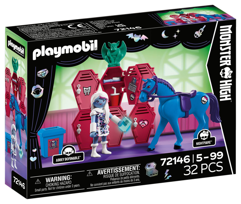 Playmobil | Monster High | Monster High Abbey at the Lockers | School Hallway Scene with Abbey Bominable, Nightmare, Glow Book & Lockers | for Fans Aged 5+ | 72146
