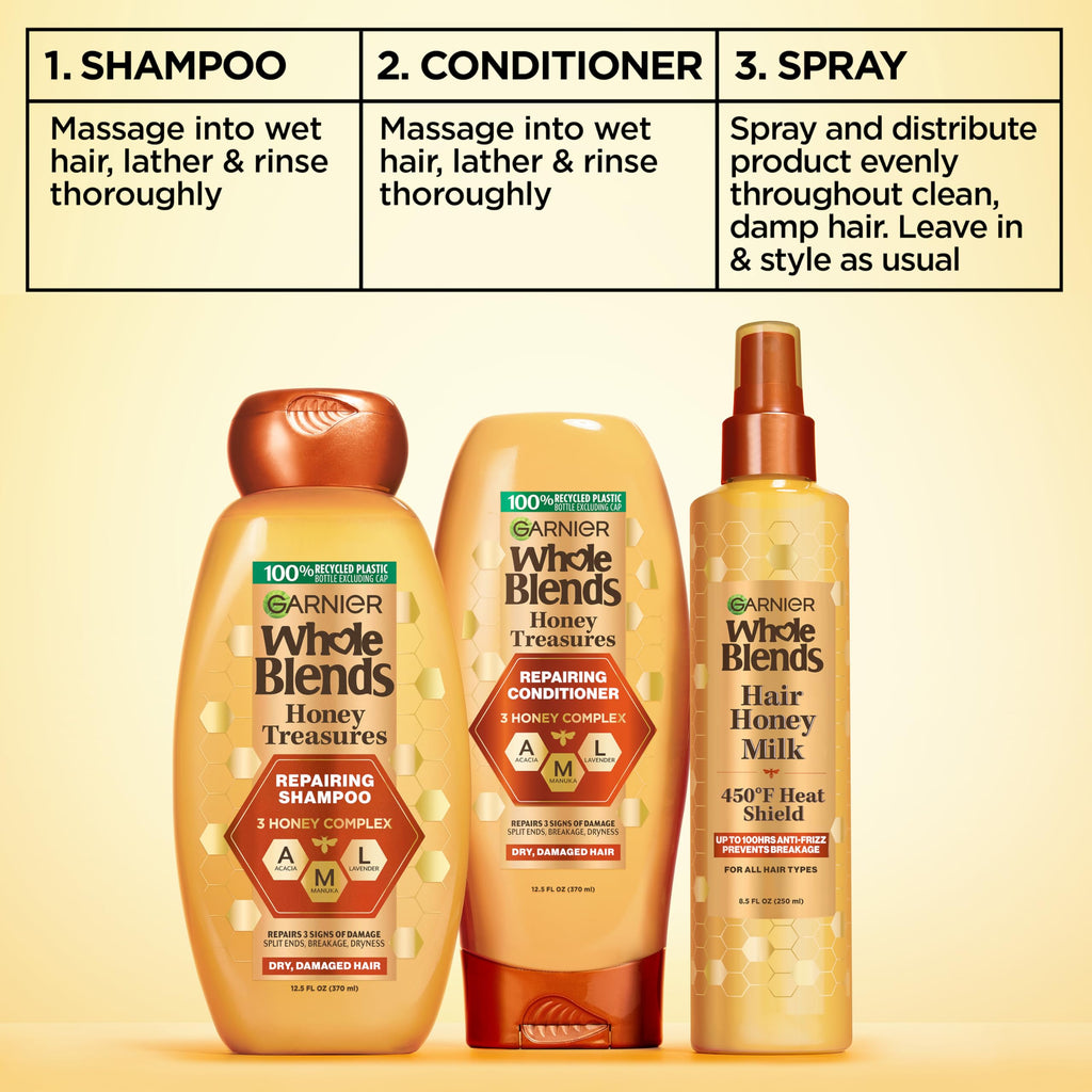 Garnier Whole Blends Hair Honey Milk 450F Heat Protectant Spray, For All Hair Types With Up To 100 Hrs of Frizz Control, 8.5 Fl Oz, 2 Count