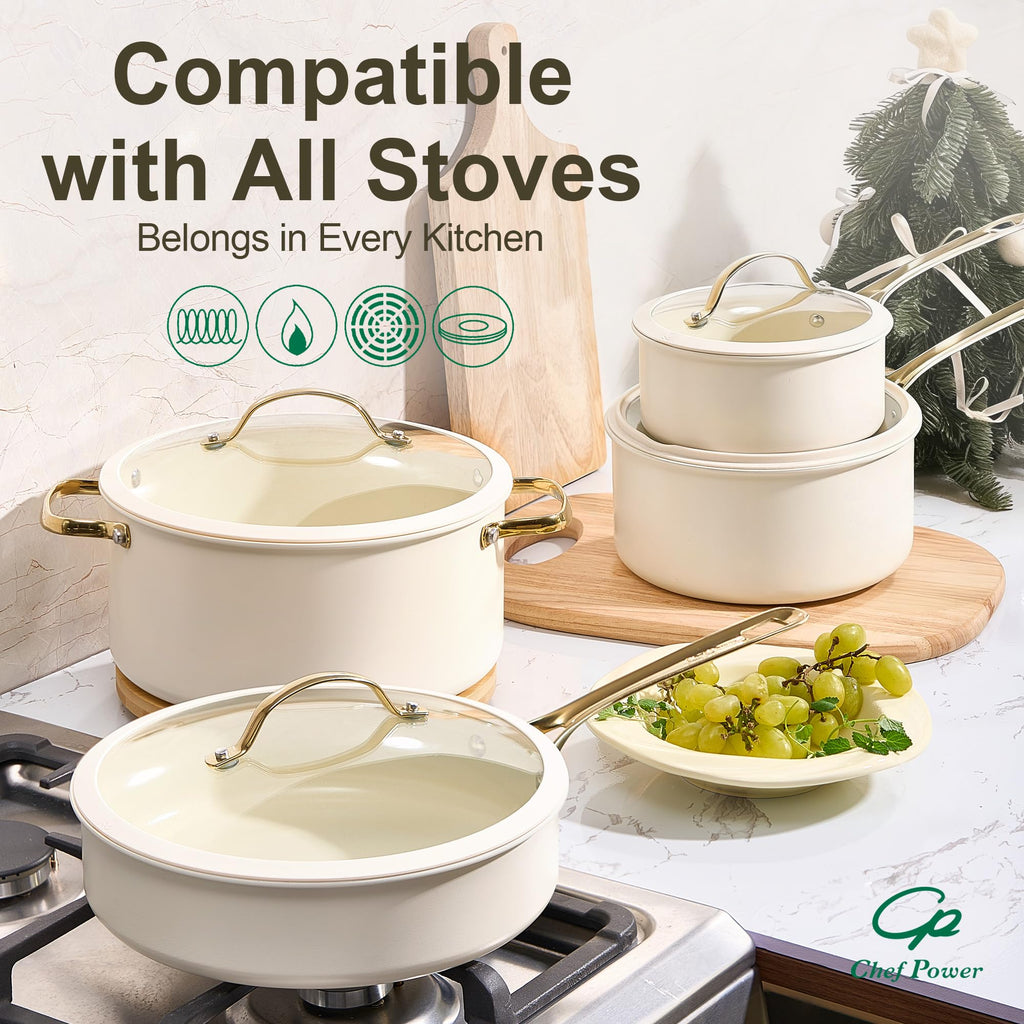 Chef Power Ceramic Frying Pan with Stainless Steel handle 5Pcs Set, Non Stick Grill Pan Set, Dishwasher and Oven Safe, Cream White and Light Gold Handle
