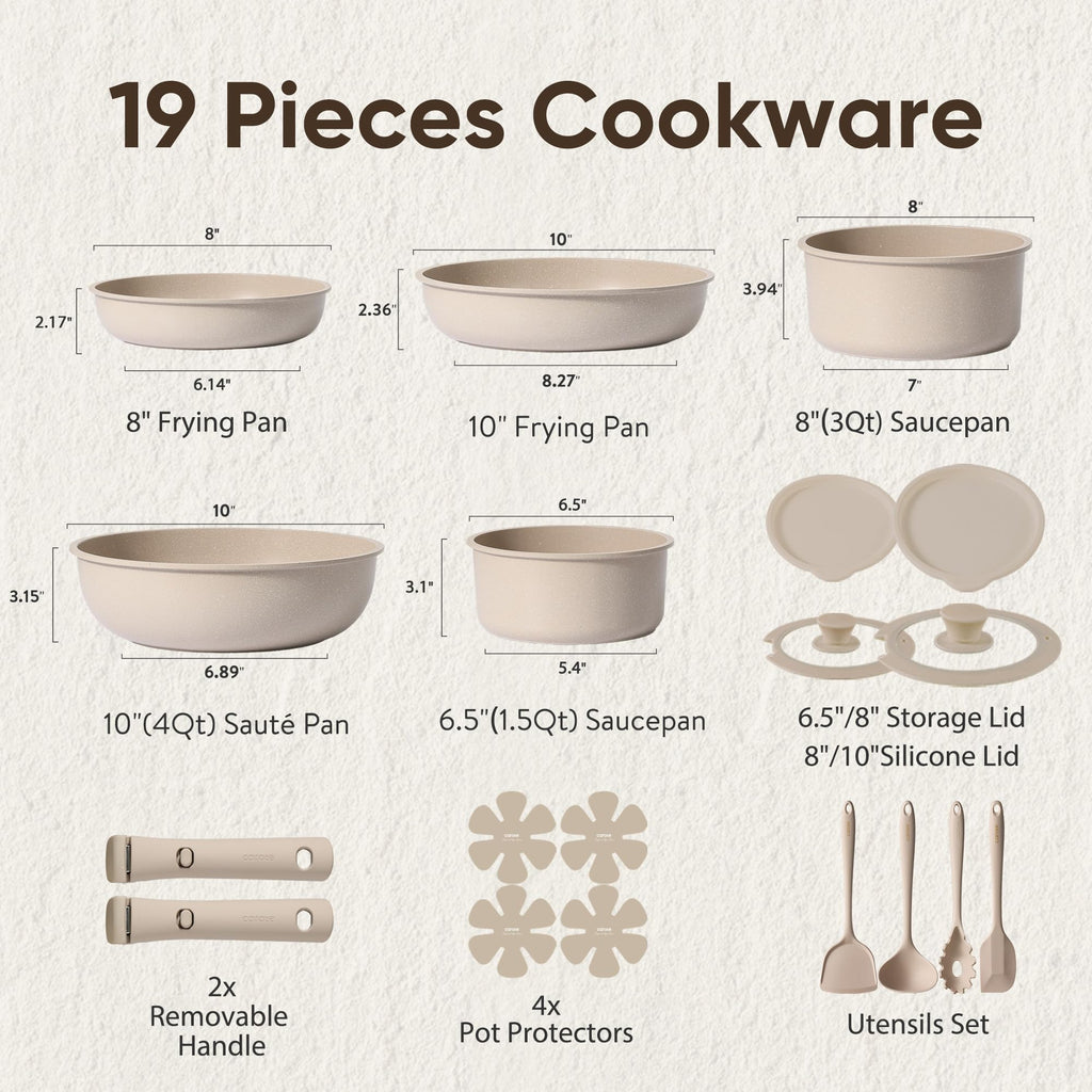 CAROTE 19pcs Pots and Pans Set Non Stick, Detachable Handle Cookware Sets