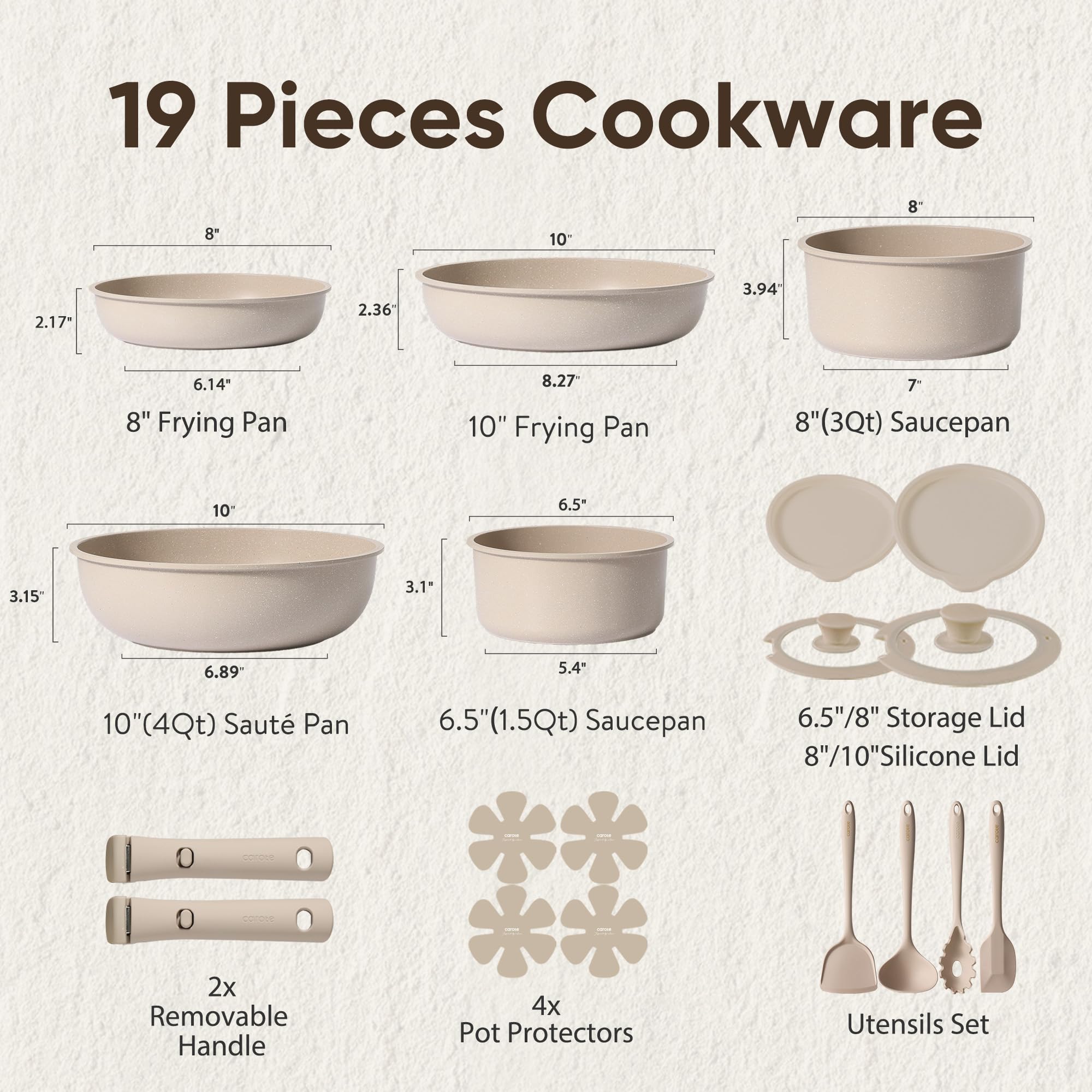 CAROTE 19pcs Pots and Pans Set Non Stick, Detachable Handle Cookware Sets
