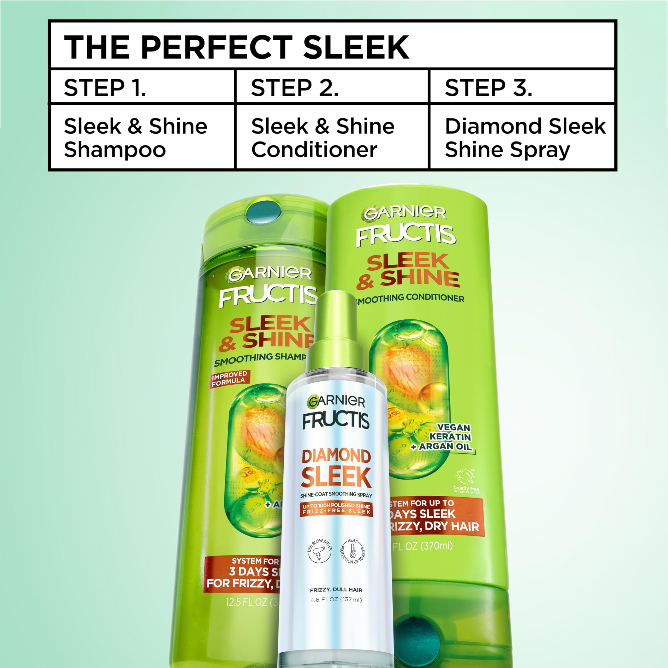 Garnier Fructis Diamond Sleek Hair Shine Spray, Up to 100-Hour Frizz Control, Heat Protectant up to 450°F with Vegan Keratin Smoothing Complex and Argan Oil for Frizzy, Dry, Dull Hair, 4.6 Fl Oz