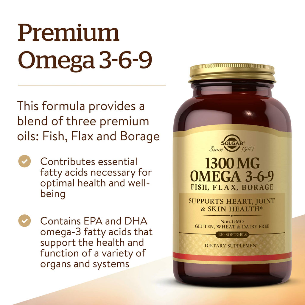 Solgar 1300 mg Omega 3-6-9, 120 Softgels - Fish Oil Supplement - Support for Joint & Skin Health - Includes Flaxseed & Borage - Contains EPA & DHA Omega 3 Fatty Acids - 40 Servings