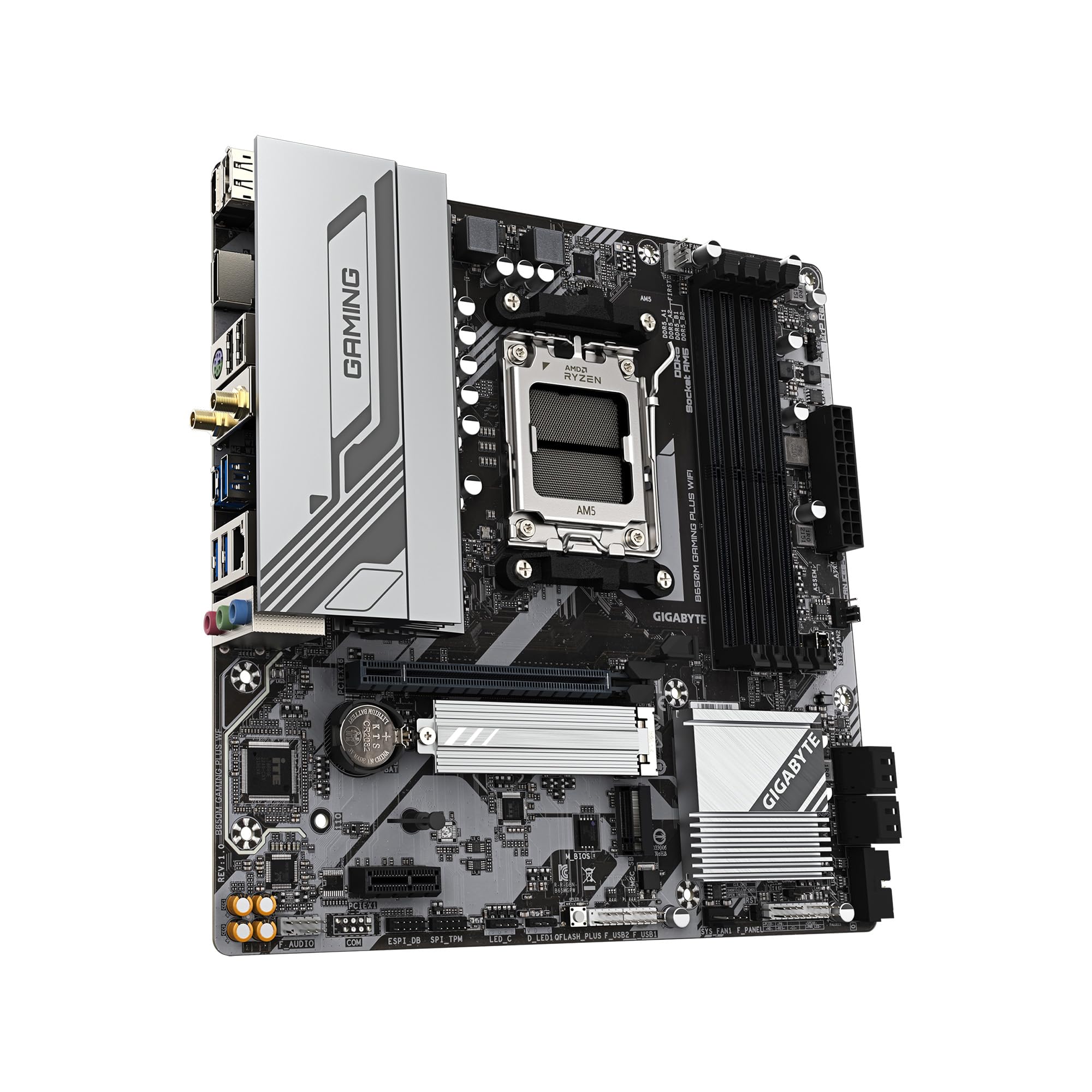 GIGABYTE B650M GAMING PLUS WIFI AMD AM5 mATX Motherboard, Support Ryzen 9000/8000/7000 Series, DDR5, 5+2+2 Power Phase, 2x M.2, PCIe 4.0, USB-C 3.2 Gen 1, WIFI6E, 2.5GbE, EZ-Latch, Q-Flash, RGB Fusion