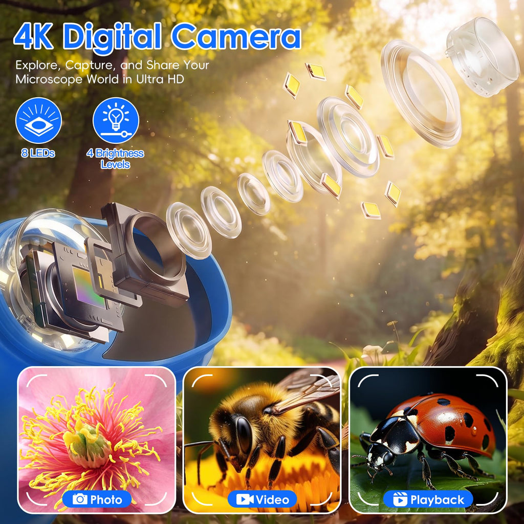4K 1000X Handheld Digital Microscope for Kids with 2.0" IPS Screen(Blue)