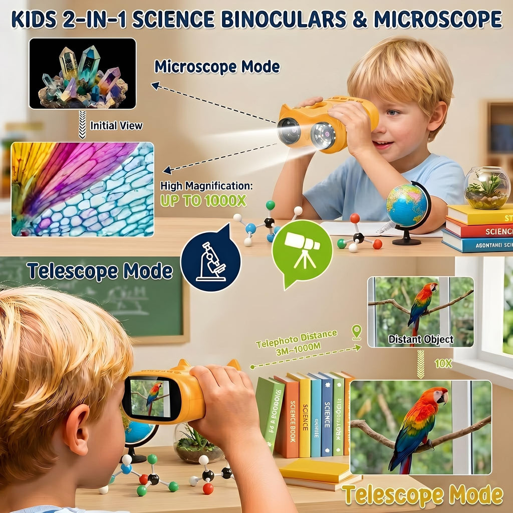 OAEBLLE 2-in-1 Kids Microscope and Telescope, 1000X Handheld Digital Microscope for Kids, 2.0" Screen, 8 LEDs, 10X Pocket Telescope for Outdoor, 1080P Camera STEM Toys Gift for Boys Girls 4-12, Yellow