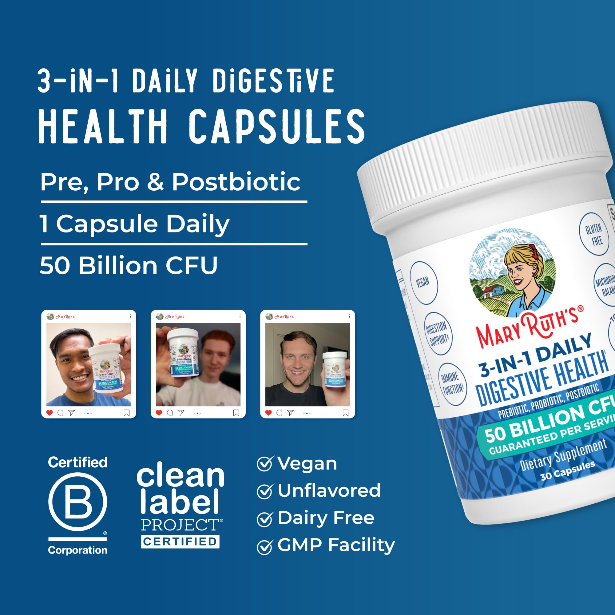 MARYRUTH'S 3-in-1 Probiotics for Digestive Health, 30 Servings