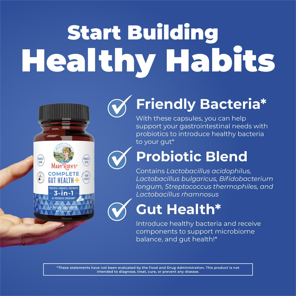 MARYRUTH'S Complete Gut Health+ Probiotic Capsules, with Post & Prebiotics